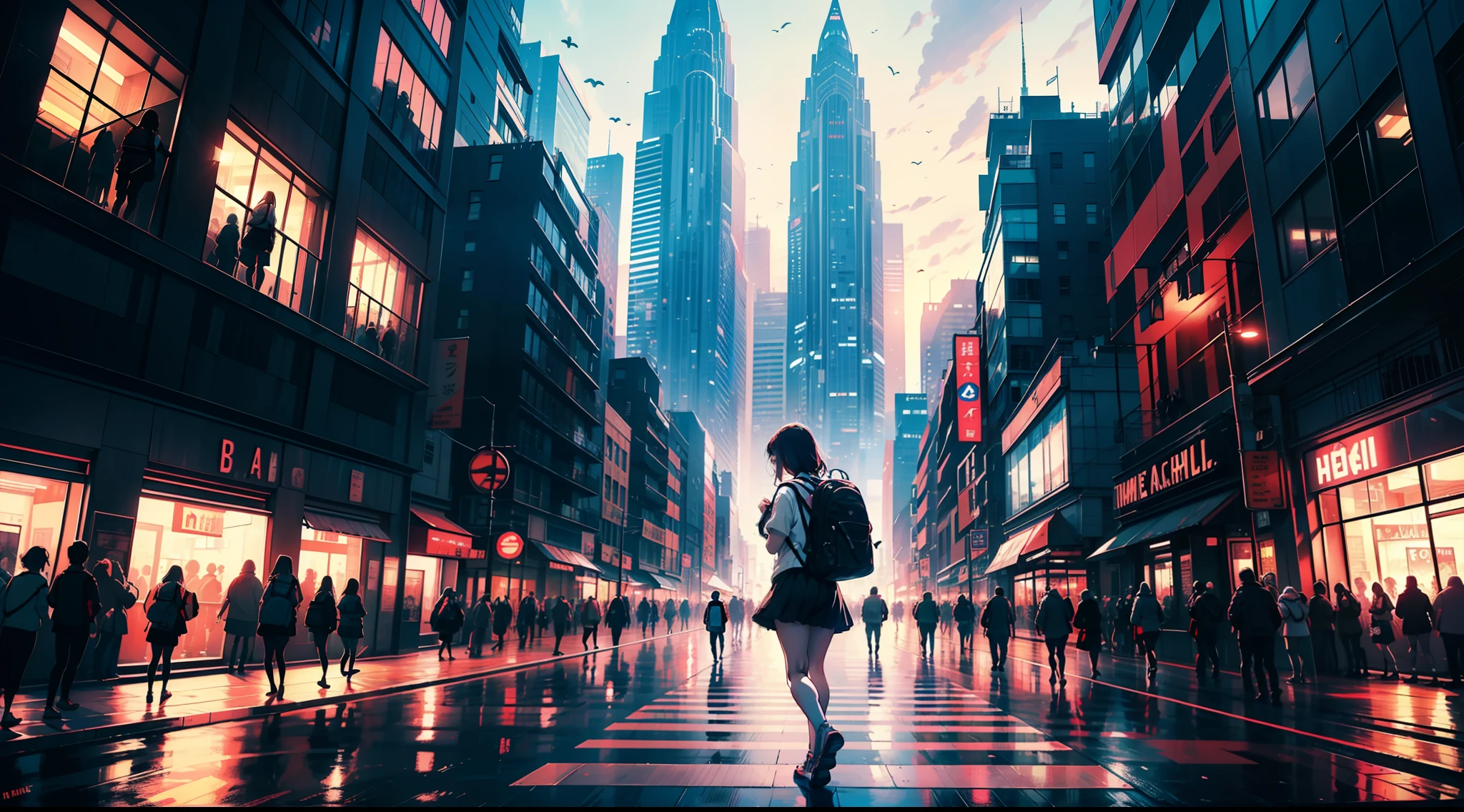 ((masterpiece)), (high detail),(high fidelity), 1 girl, walking, backpack , cross the road markings, the flow of people passing by, crowded, full body, city background, (3 point perspective to image), ((view from below looking up)), but the building is tall, short skirt with shirt .
