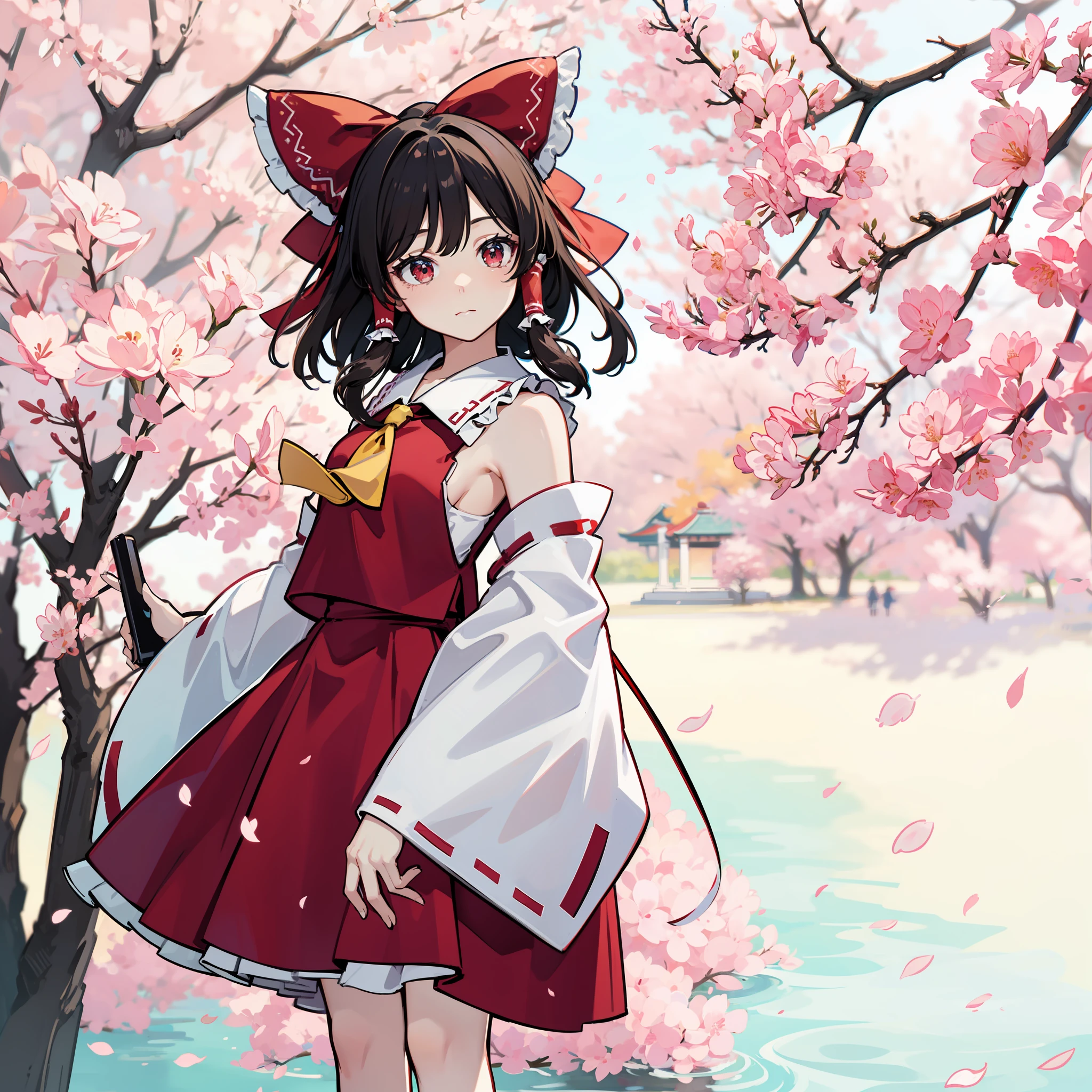 Front angle, cowboy shot, masterpiece, fine detail, 4k, 8k, 12k, solo, one person, beautiful girl, white female, Reimu Hakurei from Touhou Project, shrine, red butterfly, white butterfly, Japanese style, cherry blossom petals