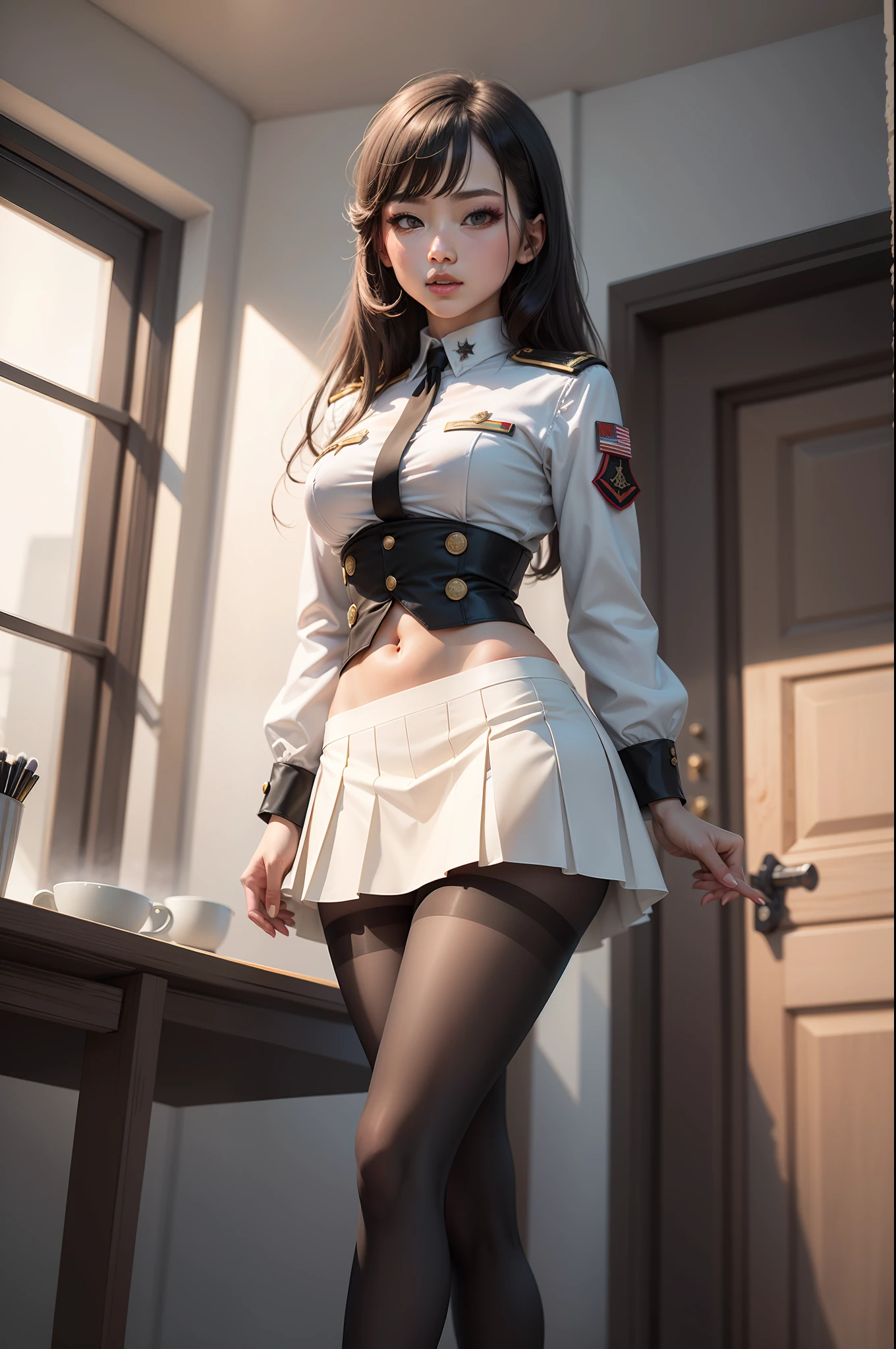 a masterpiece of, beste-Qualit, Hi-Res, Ramius 1, 1girl in, 独奏, (black_pantyhose:1.1), military outfits, Military, makeup, white shirt, white skirt, tight skirts, spaceships, Indoors,、Open both legs、camel's toe、mini-skirts、White underwear