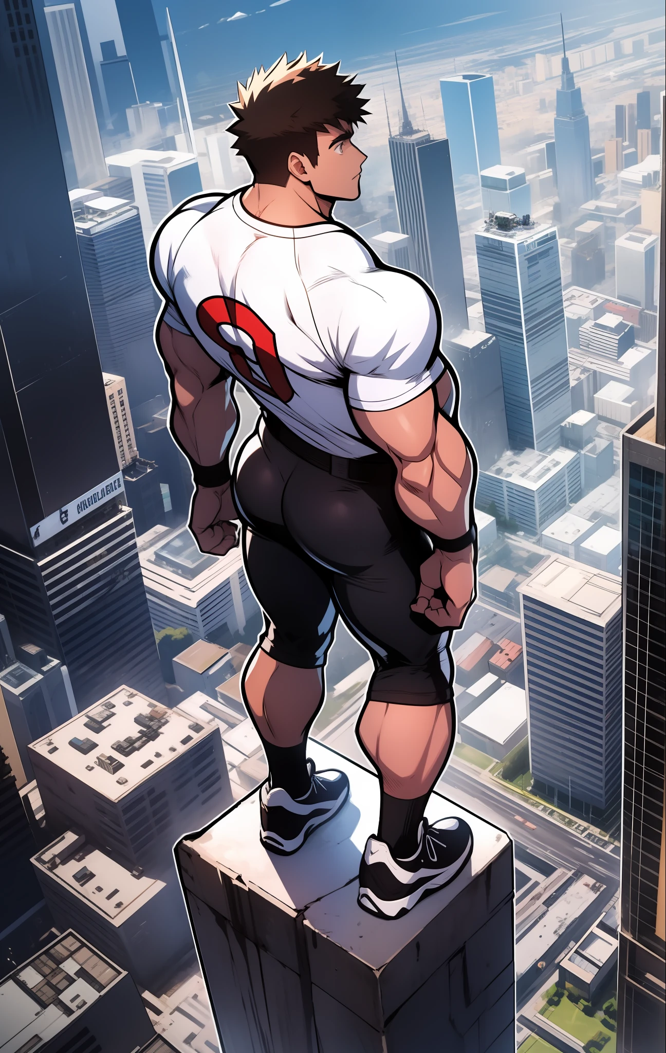 Generate anime-style artwork with a high-angle shot of a muscular male character with his back facing the camera, THE CHARACTER IS ON TOP OF A TALL BUILDING, O protagonista deve possuir um corpo extremamente musculoso, semelhante ao de um fisiculturista. Vista de cima para baixo, from above the angle, o personagem deve ter cabelos curtos marrom escuros e estar vestido com uma camiseta vermelha, black pants and white Jordan sneakers. A imagem deve retratar o corpo inteiro do personagem, with the focus on his intimidating posture behind. The protagonist must exude strength and dominance, displaying a powerful presence. A cena deve apresentar apenas o personagem musculoso, THE CHARACTER MUST BE ON TOP OF A BUILDING SHOWING A LARGE CITY BELOW HIM