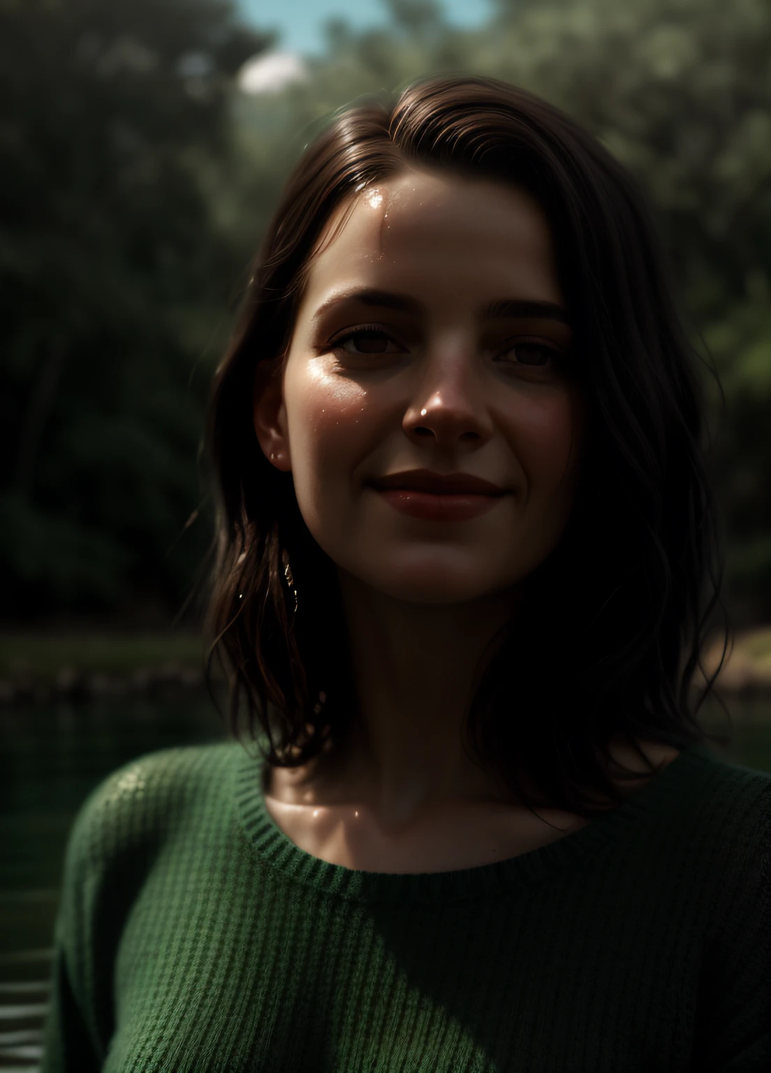 retrato de uma mulher fofa, She's standing in the river up to her waist, (rosto perfeito), a wet translucent sweater, uma coroa de flores silvestres flutua ao longo do rio, um lindo rosto doce, a shy smile, juncos, (background lighting), realista, obra-prima, alta qualidade, reflexo de lente, sombra, brilho, [[chromatic aberration]], de Jeremy Lipking, de Antonio J. Manzanedo, pintura digital