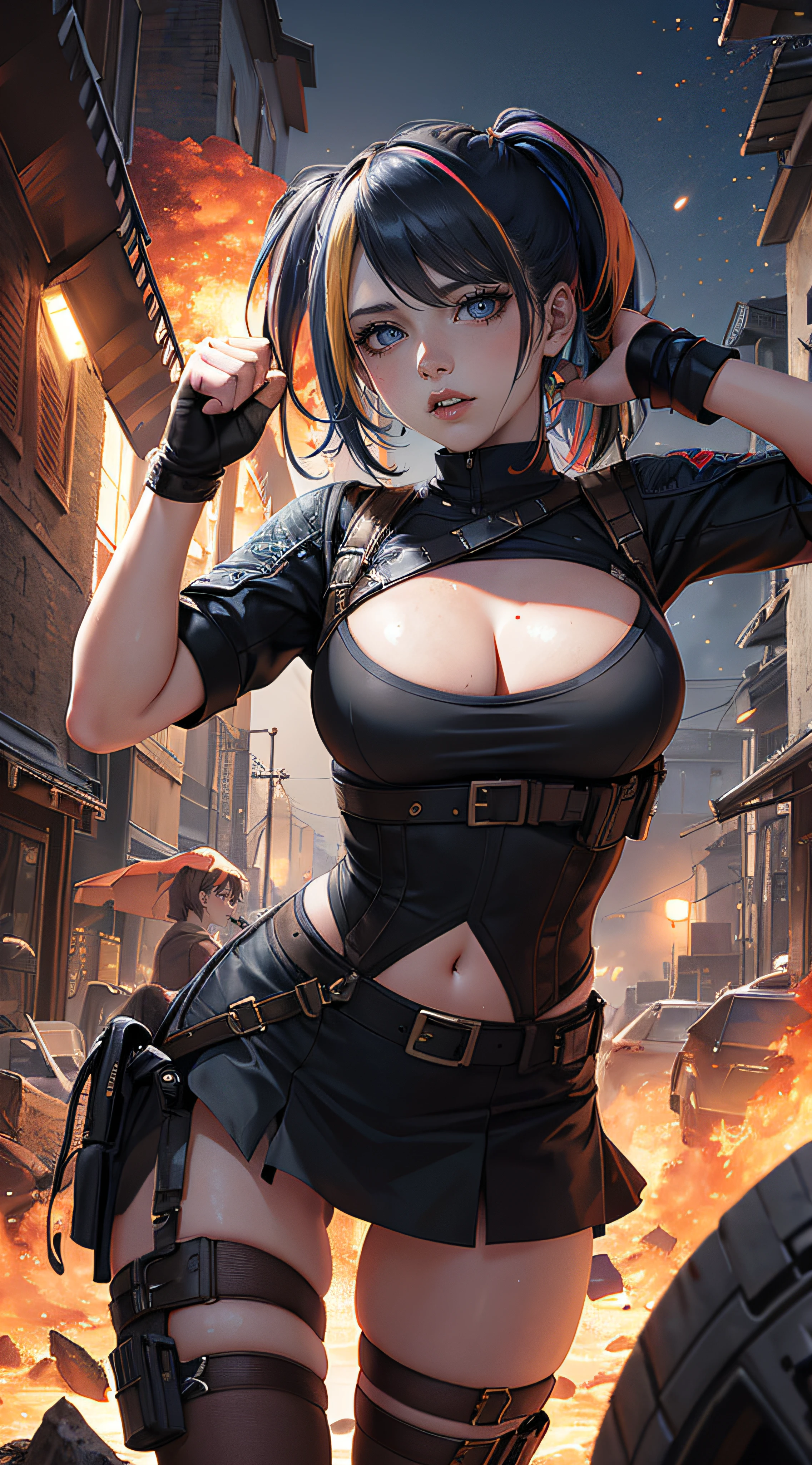 A stunning photograph of a girl in soldier outfit, ((small breast)), holding gun, standing in war zone, burnt houses, smokes everywhere, fire, captured in a naturalistic style by photographers Sam Yang and Ross Tran. The scene is highly-detailed, with intricate textures on the lady's clothing and sharp focus on the collapsed buildings, haze, apocalytic