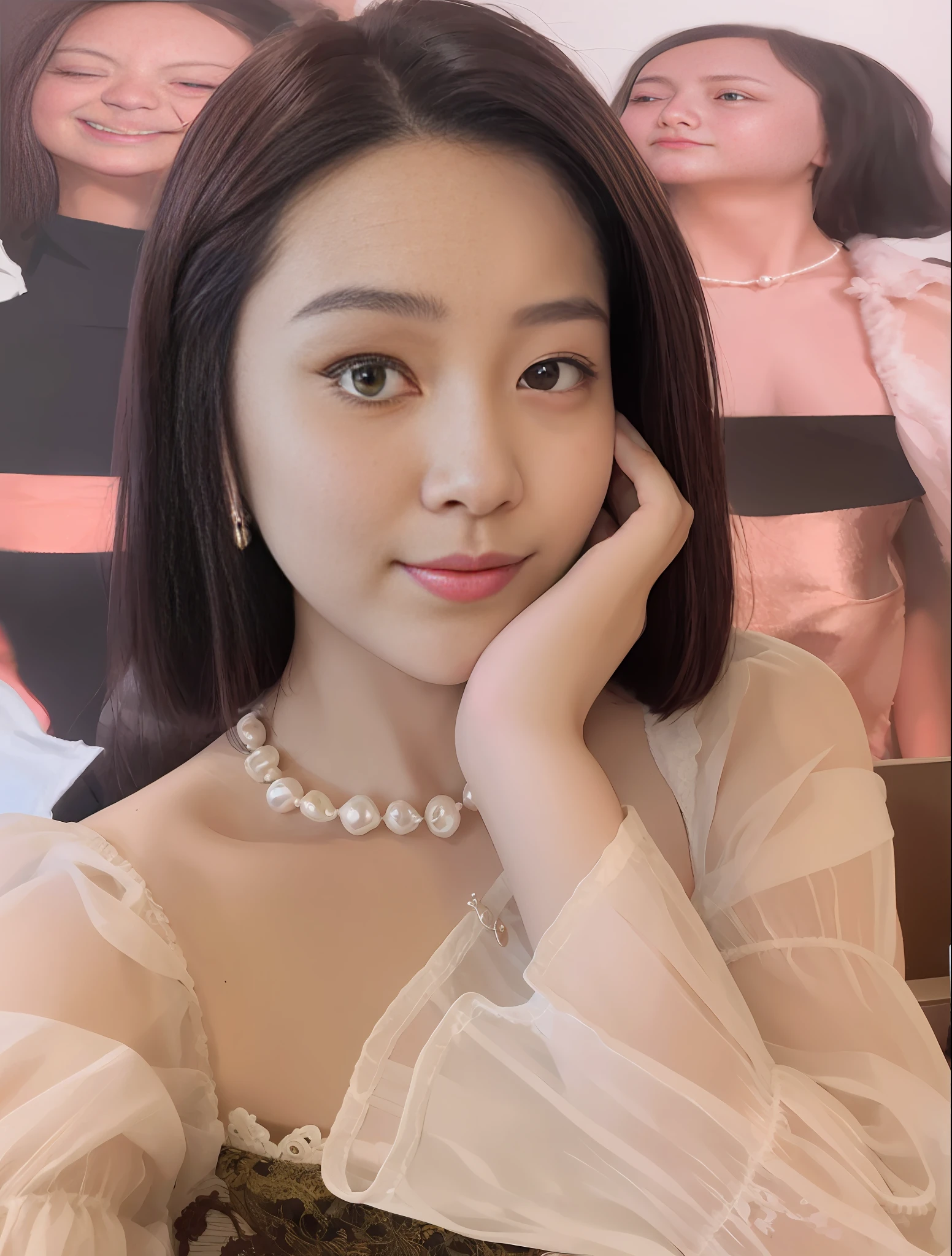 araffe woman with a white dress and a pearl necklace, xintong chen, wenfei ye, dilraba dilmurat, xision wu, pearls necklace, 8k selfie photograph, yanjun cheng, shaxi, chengyou liu, Zhang Wanting, lulu chen, pearls necklace, xue han, Gemma Chen, Inspired by Huang Ji