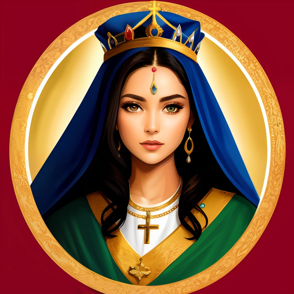 Pele Morena   brasileira  mista.cabelo cacheados 3c ,de1,75cm de altura em trajes de gala verde esmeralda,com cintura fina e postura elegante ,olhos castanhos escuro,,21-year-old girl with gold crowns and sapphire on her head with reference to holy virgin Mary on the crown