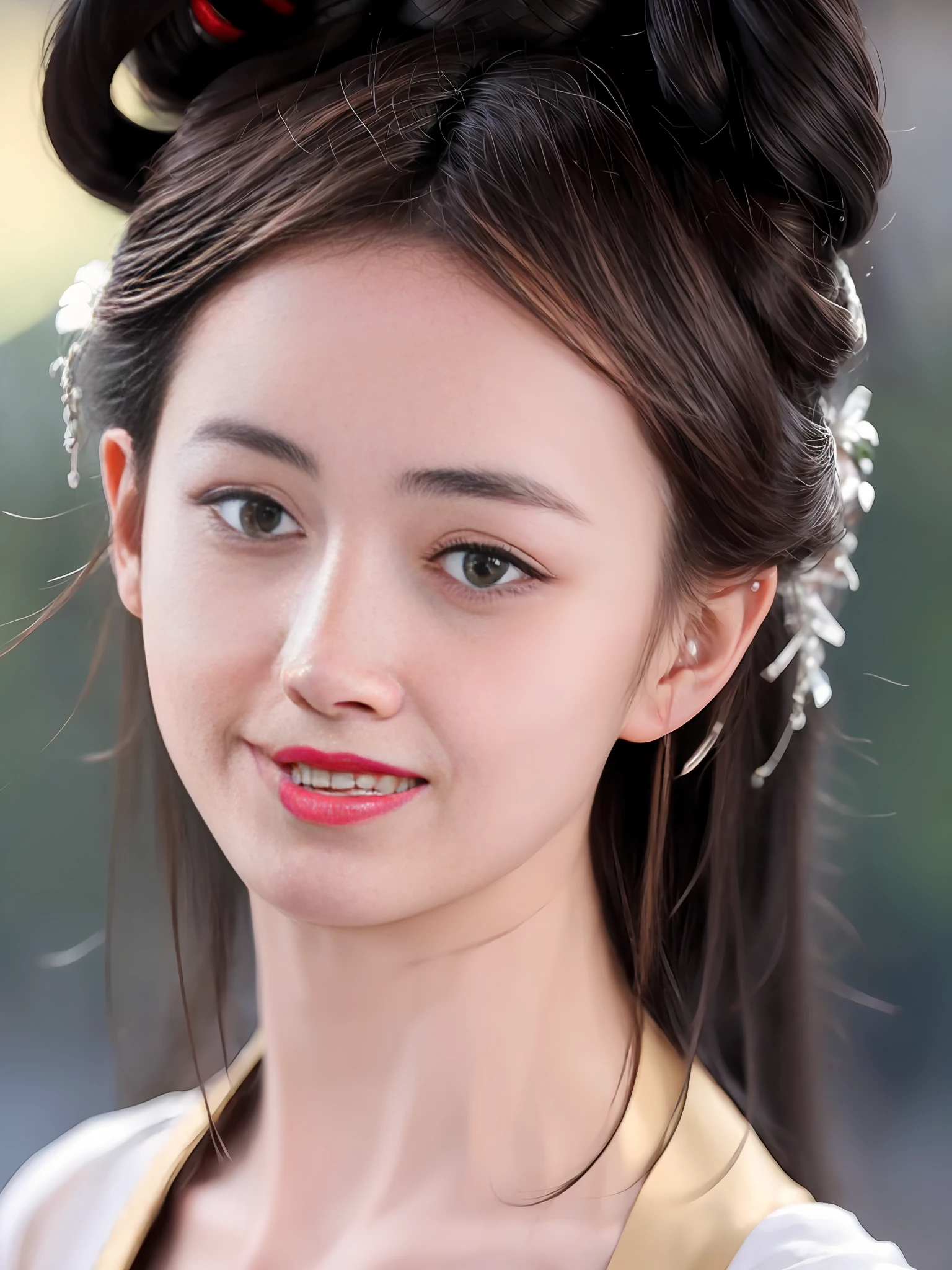 jewelry, solo, earrings, necklace, brunette hair, smile, single bun, (formal:1.6), reality, bun, bracelet, grin, ulzzang-6500v1.1, (original: 1.2), (reality: 1.3) , beautiful girl with beautiful details, extremely detailed eyes and face, eyes with beautiful details, ridiculous, incredibly ridiculous, huge file size, ultra detail, high resolution, super detailed, best quality, masterpiece, Illustrations, super detailed and beautiful, super detailed, CG, unity, 8k wallpaper, amazing, fine details, masterpiece, top quality, extremely detailed CG Unity 8k wallpaper, cinematic lights, (perfect shiny skin: 0.6), slender and smooth lines, (floating), (small breasts: 1), earrings, panorama, with two sides facing each other, golden wings