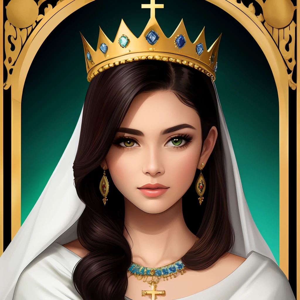 Pele Morena brasileira mista.cabelo cacheados 3c ,de1,75cm de altura em trajes de gala verde esmeralda,com cintura fina e postura elegante ,olhos castanhos escuro,,21-year-old girl with gold crowns and sapphire on her head with reference to holy virgin Mary on the crown