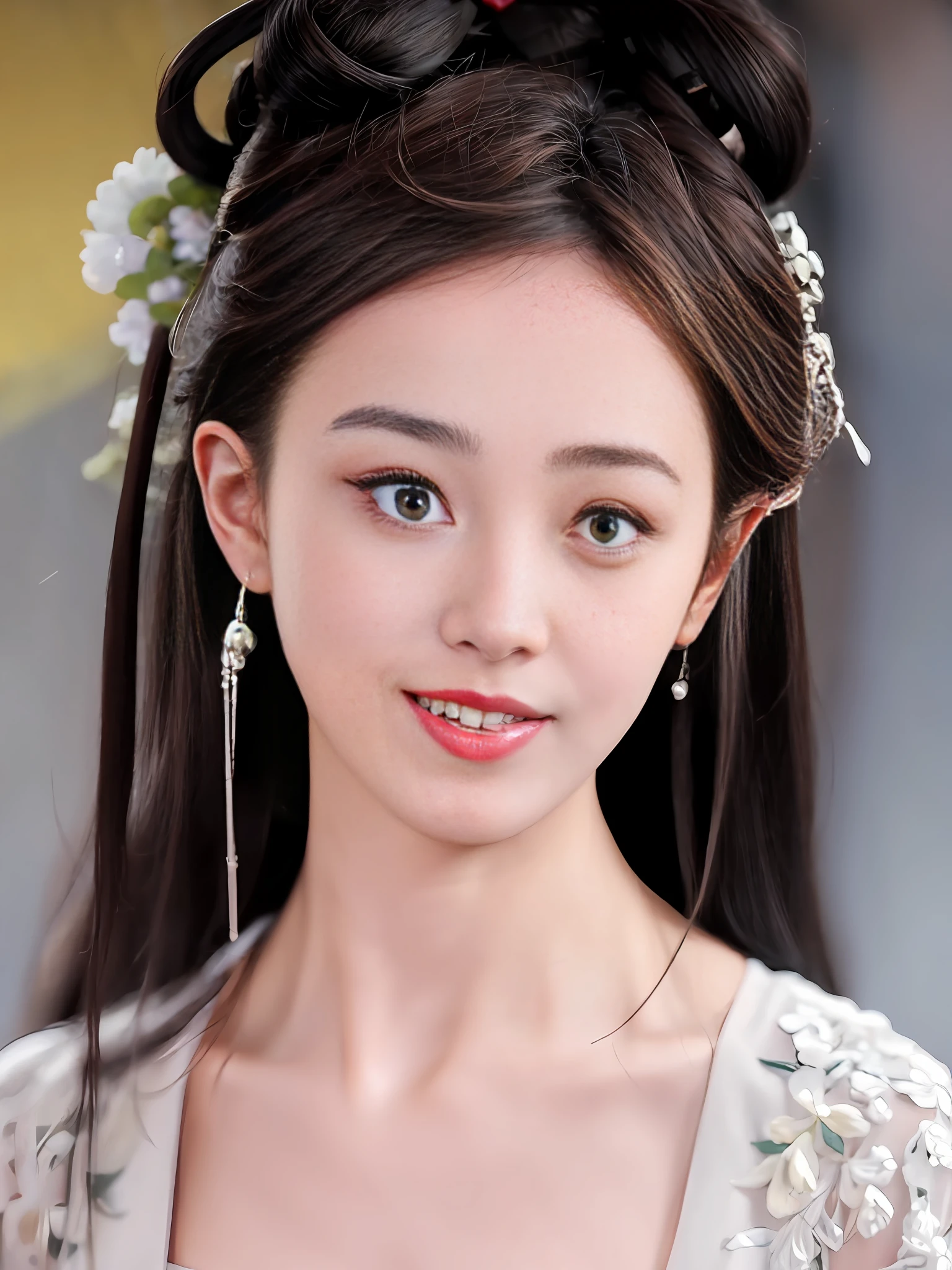 jewelry, solo, earrings, necklace, brunette hair, smile, single bun, (formal:1.6), reality, bun, bracelet, grin, ulzzang-6500v1.1, (original: 1.2), (reality: 1.3) , beautiful girl with beautiful details, extremely detailed eyes and face, eyes with beautiful details, ridiculous, incredibly ridiculous, huge file size, ultra detail, high resolution, super detailed, best quality, masterpiece, Illustrations, super detailed and beautiful, super detailed, CG, unity, 8k wallpaper, amazing, fine details, masterpiece, top quality, extremely detailed CG Unity 8k wallpaper, cinematic lights, (perfect shiny skin: 0.6), slender and smooth lines, (floating), (small breasts: 1), earrings, panorama, with two sides facing each other, golden wings