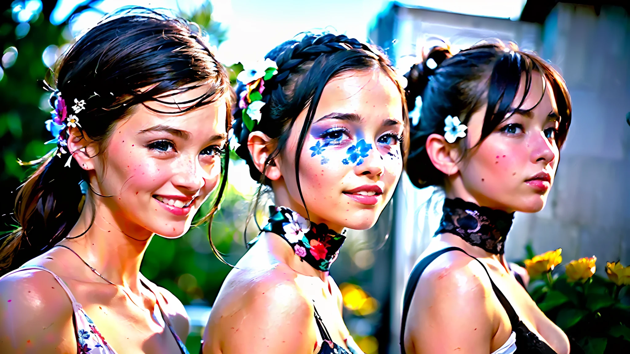 (2girls:1.6), (kissing):1.6, detailed background filled with (many:1.6) (colorful:1.6) (flowers):1.6, (quality:1.6), (photorealistic:1.6), (resolution:1.6), (sharpness:1.6), (cinematic lighting), depth of field, landscape composition

AND, upper body, (kissing):1.6, 18-year-old (beautiful:1.6) (Hungarian:1.6) (2girls:1.6), who wears a (white:1.6) crop top with a (silver:1.6) choker, who wears a (white (floral:1.6) headband):1.6, who has (braided:1.4) (silver:1.6) (long:1.4) hair, who (smiles:1.6), who resembles (Emma Watson):1.6, (quality:1.6), (photorealistic:1.6), (resolution:1.6), (sharpness:1.6), (cinematic lighting)

AND, upper body, (kissing):1.6, 18-year-old (beautiful:1.6) (Hungarian:1.6) (2girls:1.6), who wears a (black:1.4) crop top with a (black:1.6) choker, who wears a (black (floral:1.6) headband):1.6, who has (black:1.6) (long:1.6) (ponytail:1.6) tied with (black:1.6) lace ribbons, who (smiles:1.6), who resembles (Emma Watson):1.6, (quality:1.6), (photorealistic:1.6), (resolution:1.6), (sharpness:1.6), (cinematic lighting)