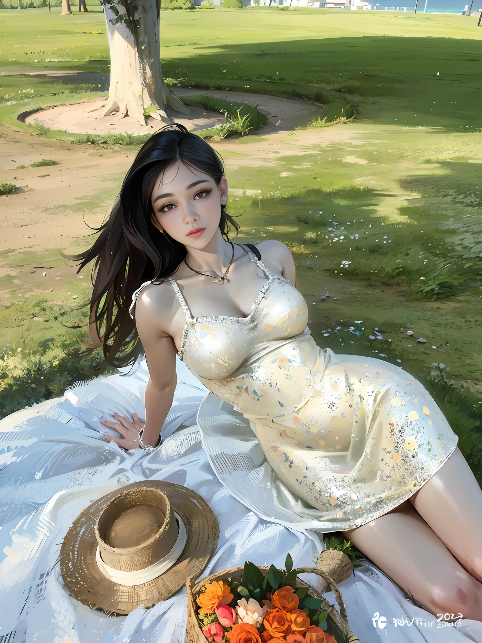 The Alafi woman sits on a blanket,Holding a basket of flowers, wearing in a summer dress, hot with shining sun, 4 8 0 p, 480p, wearing sundress, Summer dress, wearing a sundress, Sexy dress, wearing two - piece swimsuit, with a thin waist, 2 0 2 2 photo, 720p