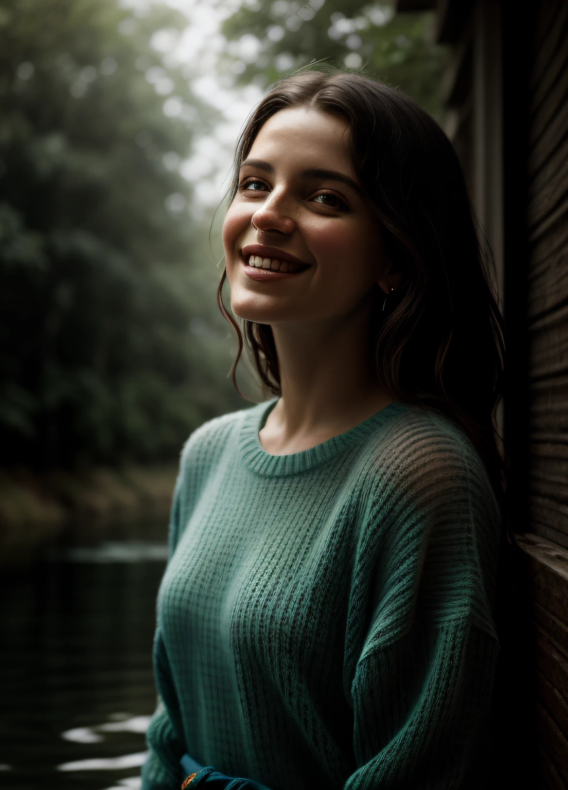 retrato de uma mulher fofa, She's standing in the river up to her waist, (rosto perfeito), a wet translucent sweater, uma coroa de flores silvestres flutua ao longo do rio, um lindo rosto doce, a shy smile, Rushes, (background lighting), realista, obra-prima, alta qualidade, reflexo de lente, sombra, brilho, [[chromatic aberration]], de Jeremy Lipking, Directed by: Antonio J. Manzanedo, Pintura digital