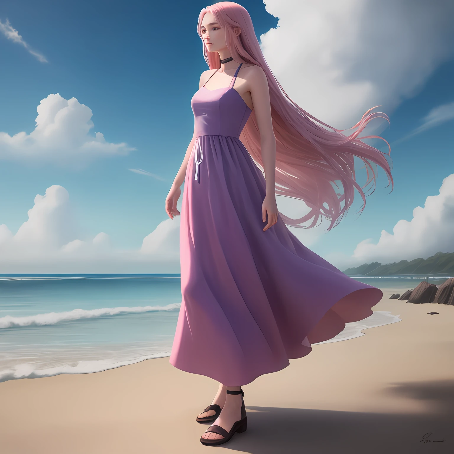beachside,The blue sky and white clouds,Pink gauze dress long hair girl,Lateral face,fullllbody,Contre-Jour,8k,Realistic style