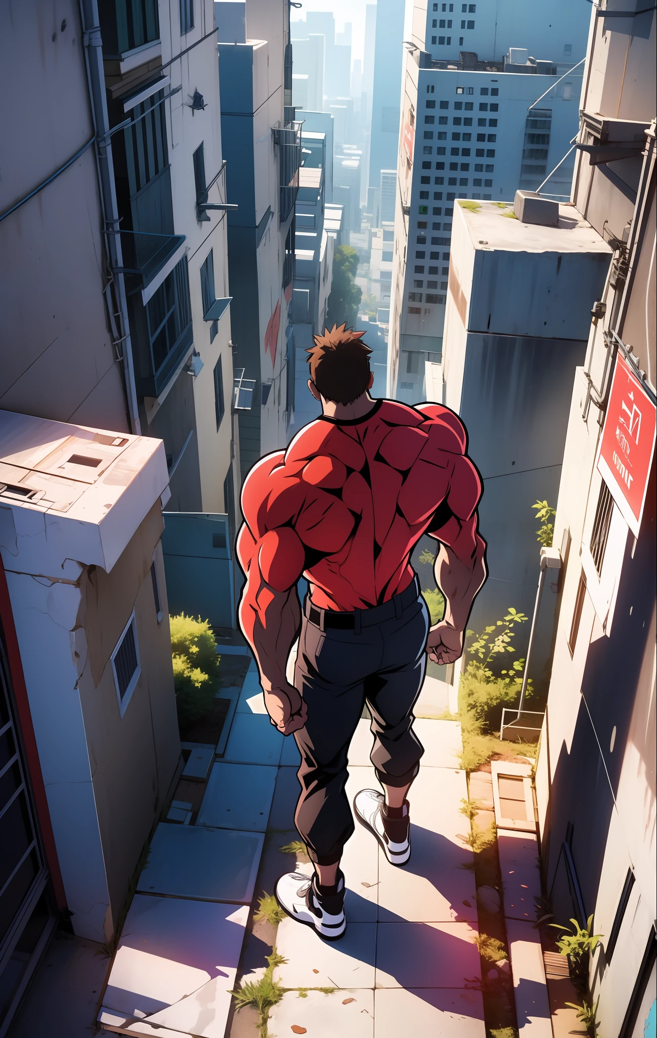 Generate anime-style artwork with a high-angle shot of a muscular male character with his back facing the camera, THE CHARACTER IS ON TOP OF A TALL BUILDING, O protagonista deve possuir um corpo extremamente musculoso, semelhante ao de um fisiculturista. Vista de cima para baixo, from above the angle, o personagem deve ter cabelos curtos  marrom escuros e estar vestido com uma camiseta vermelha, black pants and white Jordan sneakers. A imagem deve retratar o corpo inteiro do personagem, with the focus on his intimidating posture behind. The protagonist must exude strength and dominance, displaying a powerful presence. A cena deve apresentar apenas o personagem musculoso, THE CHARACTER MUST BE ON TOP OF A BUILDING SHOWING A LARGE CITY BELOW HIM