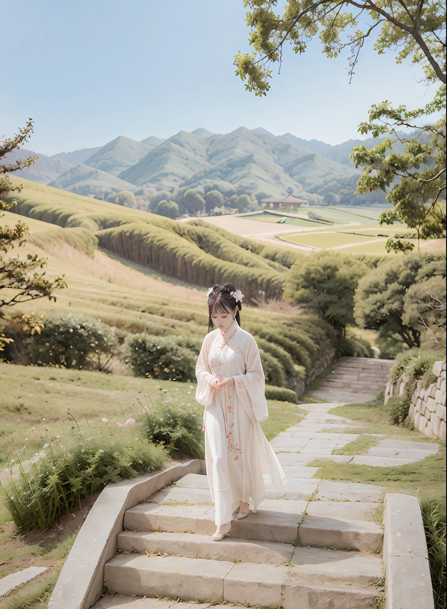 araffe woman in a dress walking up a set of stairs, Chinese style, on cheongsam, with acient chinese clothes, Chinese dress, traditional chinese, ao dai, inspired by Tang Di, Chinese costume, full body xianxia, Inspired by Tang Yifen, royal palace ， A girl in Hanfu, Inspired by Huang Ji, Inspired by Dai Xi