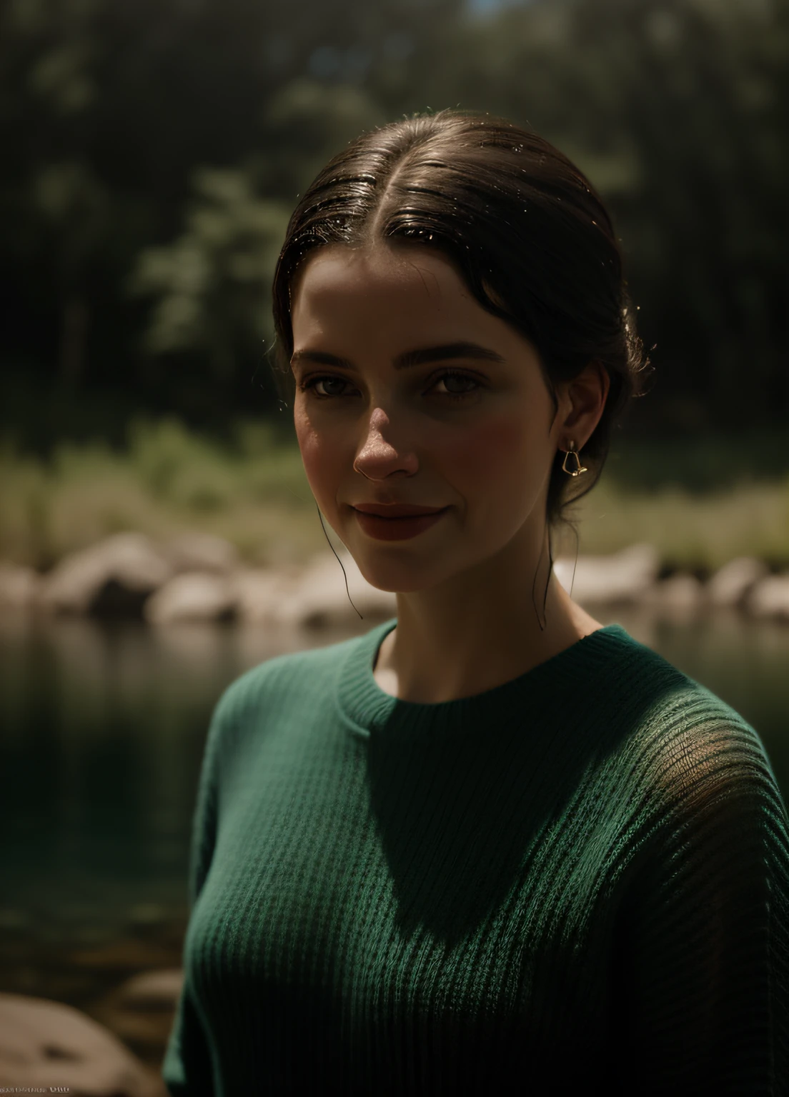 retrato de uma mulher fofa, She's standing in the river up to her waist, (rosto perfeito), a wet translucent sweater, uma coroa de flores silvestres flutua ao longo do rio, um lindo rosto doce, a shy smile, Rushes, (background lighting), realista, obra-prima, alta qualidade, reflexo de lente, sombra, brilho, [[chromatic aberration]], de Jeremy Lipking, Directed by: Antonio J. Manzanedo, Pintura digital