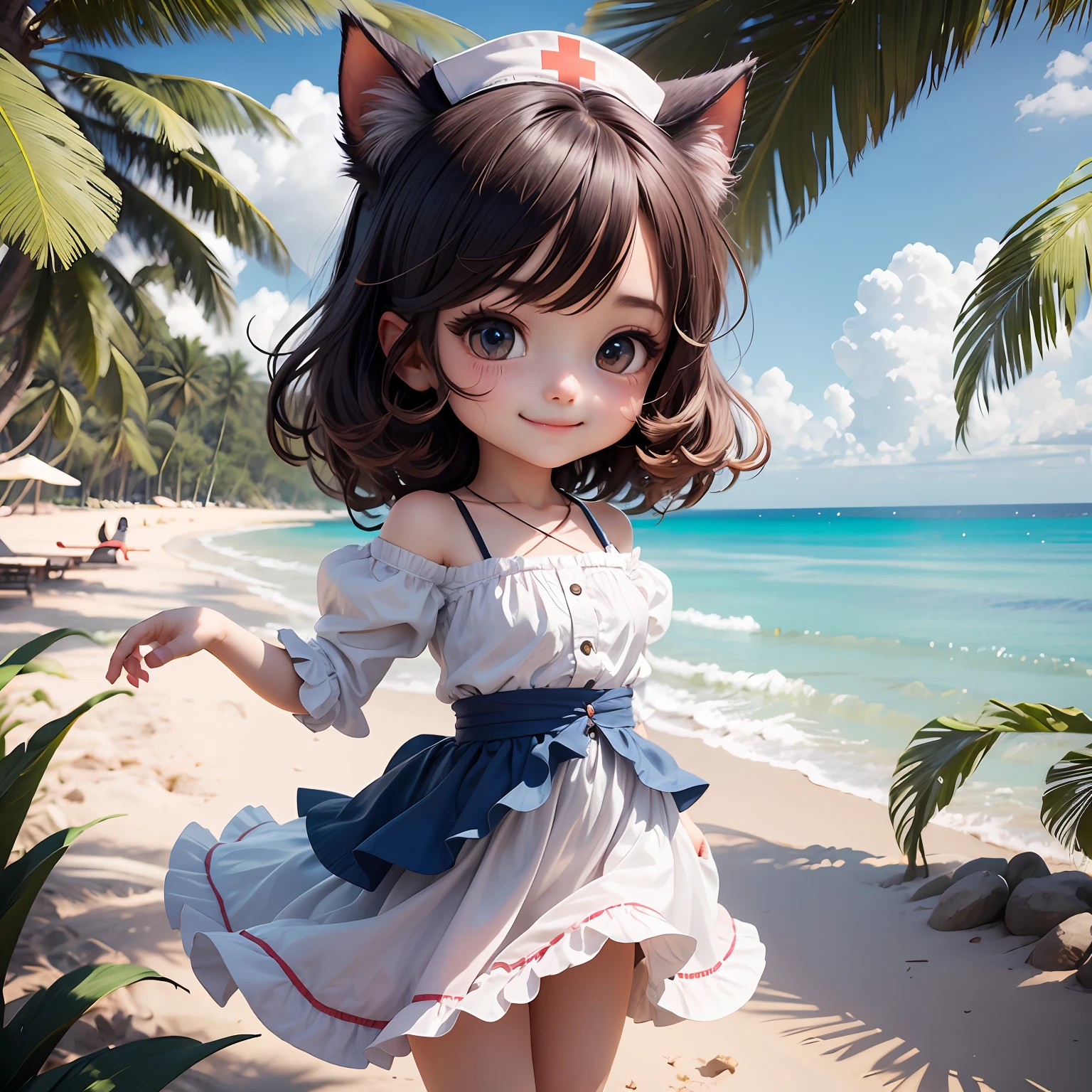 a masterpiece of、beste-Qualit、ultra detali、One Cat Girl、Chibi Chara、nurse's outfit、Onepiece、long  skirt、length hair、Beach background、blue open sky、White sandy beach、Blue Sea、Skirt fluttering、Hair fluttering、The wind is blowing、Jumpy、A smile、Beautiful scenery、pretty hair、Beautiful eyes
