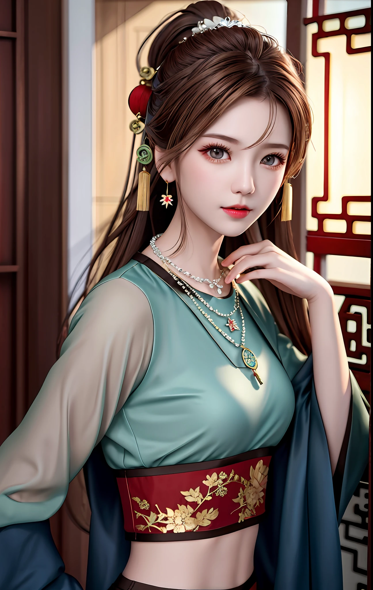 best quality, masterpiece, high_res, 1girl, hair ornament, necklace, jewelry, Beautiful face, tyndall effect, photo realistic, rim lighting, (high detailed skin:1.2), 8k uhd, dslr, soft lighting, high quality, volumetric lighting, candid, Photograph, high resolution, 4k, 8k, Bokeh, medium breasts, absurdres, (light brown hair color), red ancient traditional chinese underwear, ponytail contorted, best ratio four finger and one thumb,