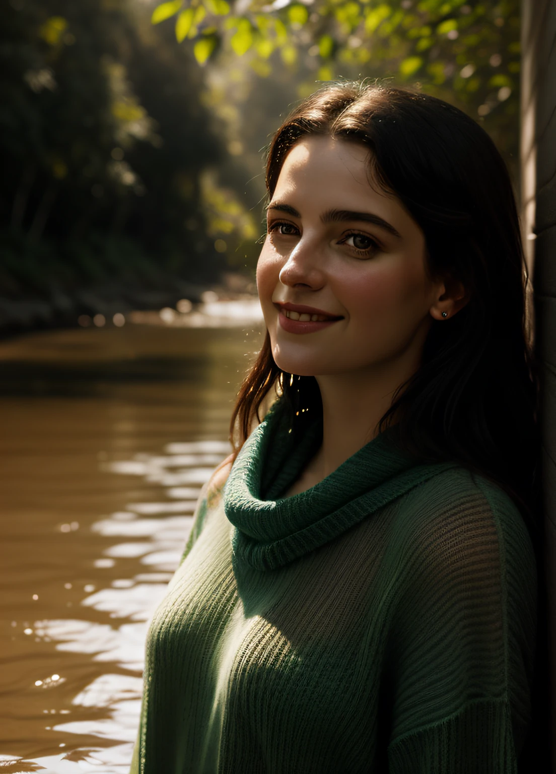retrato de uma mulher fofa, She's standing in the river up to her waist, (rosto perfeito), a wet translucent sweater, uma coroa de flores silvestres flutua ao longo do rio, um lindo rosto doce, a shy smile, Rushes, (background lighting), realista, obra-prima, alta qualidade, reflexo de lente, sombra, brilho, [[chromatic aberration]], de Jeremy Lipking, Directed by: Anthony J. Manzanedo, Pintura digital