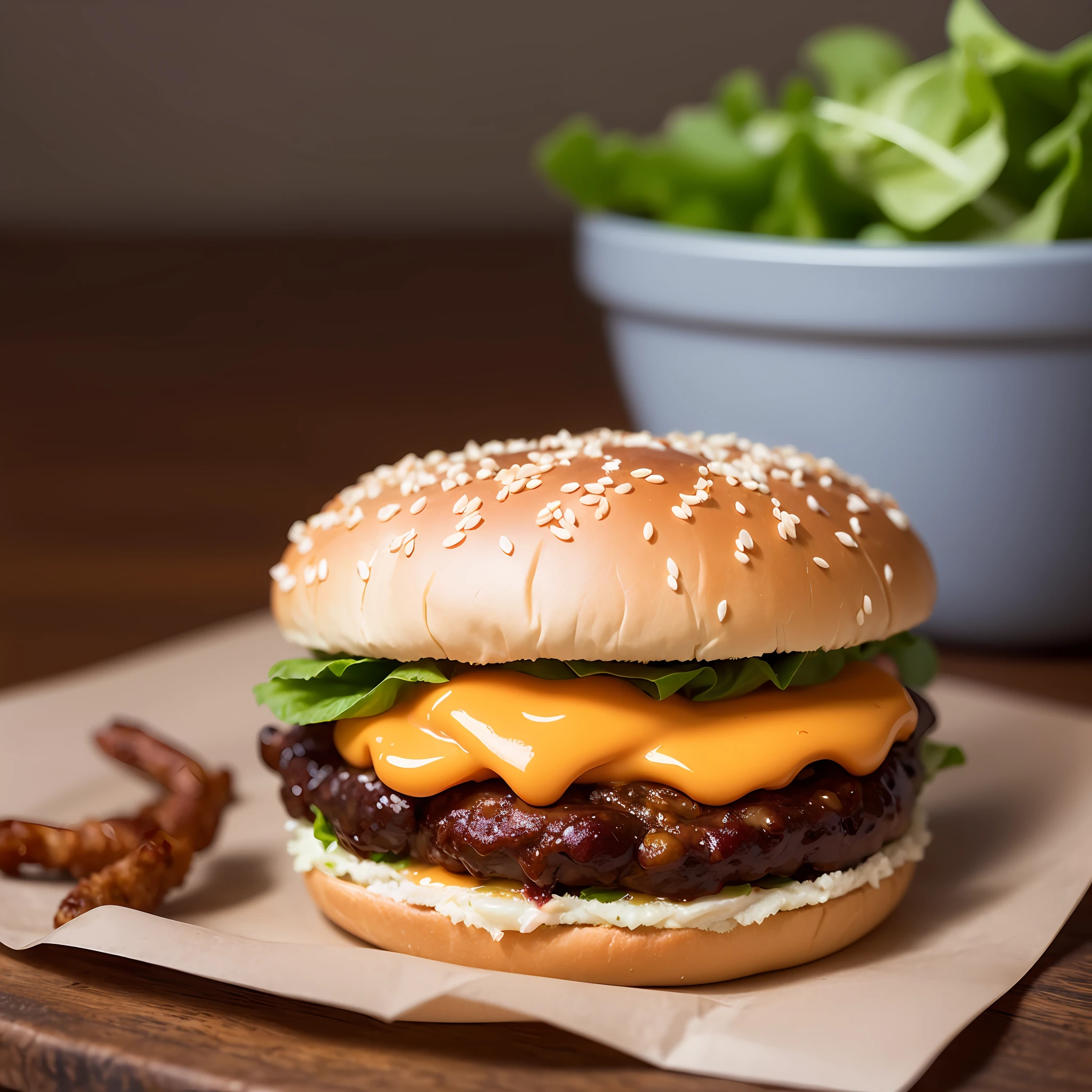 best quality, ultra high res, (photorealistic:1.4), ultra-detailed,incredibly detailed, big mac, fried meat, wet lettuce, melting cheese,