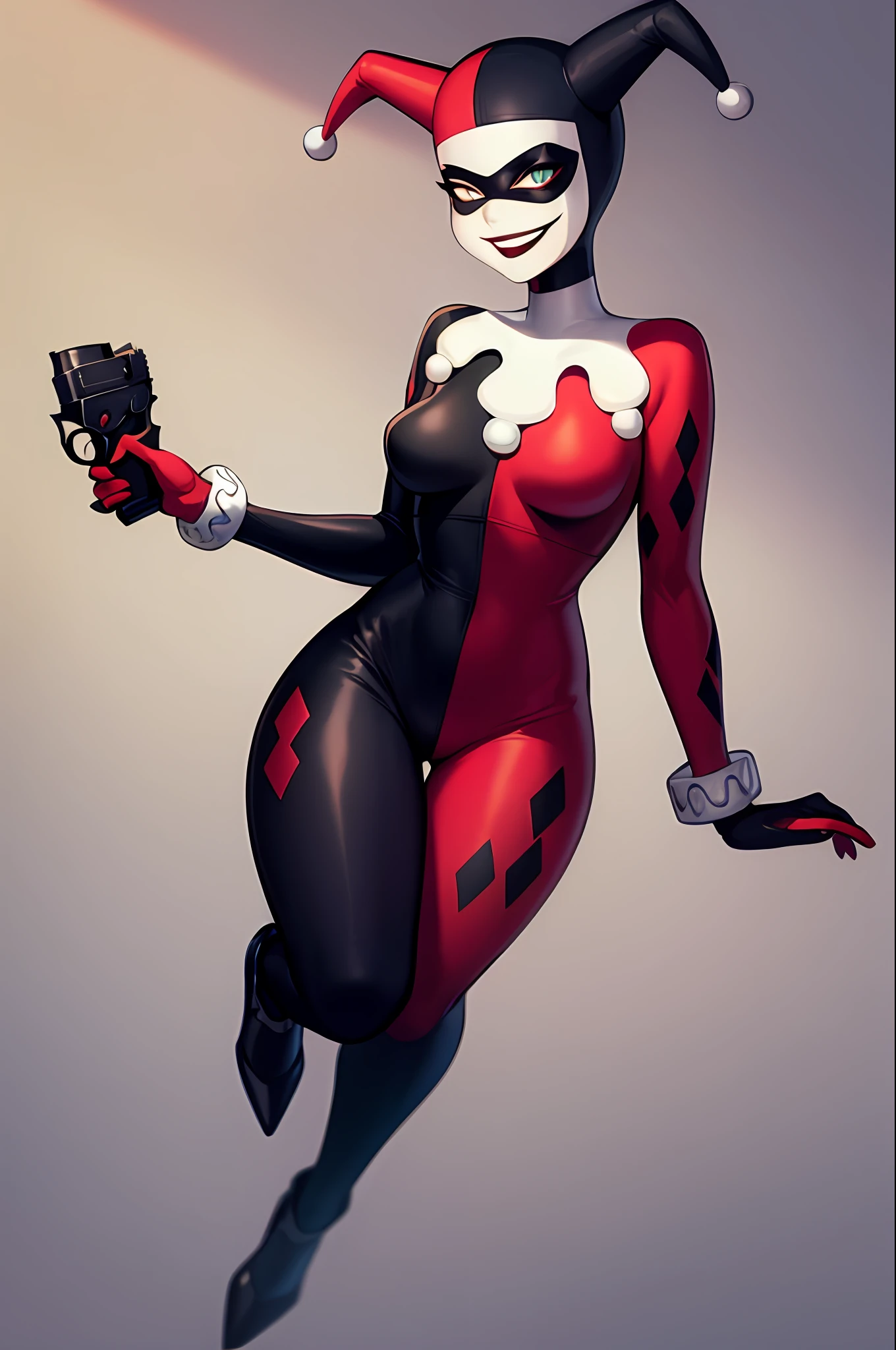 masterpiece, best quality, 1girl, hq1992, black bodysuit, bodysuit, breasts, domino mask, evil smile, facepaint, gloves, grin, handgun, jester cap, looking at viewer, red bodysuit, red gloves, skintight, smile, solo, full body, black background, breasts, busty , erotic pose