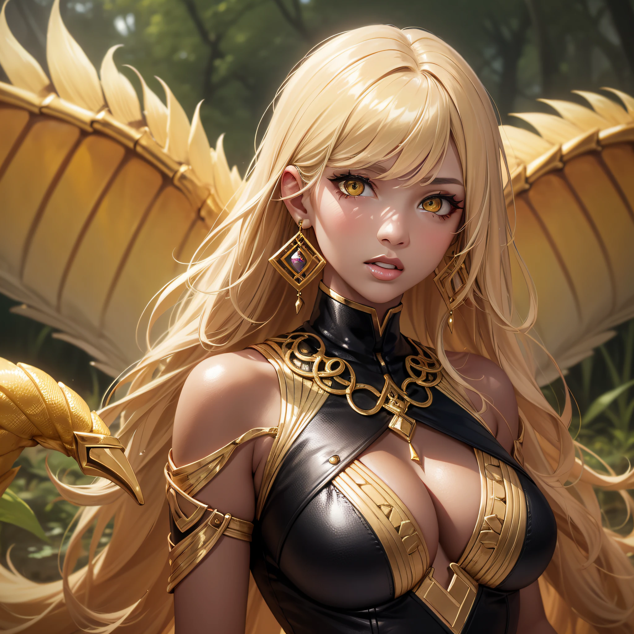 black woman yellow tones, tail with yellow scales, light black skin, yellow eyes, gold earrings, focus on face, blond hair, high quality image, 8k, swamp background