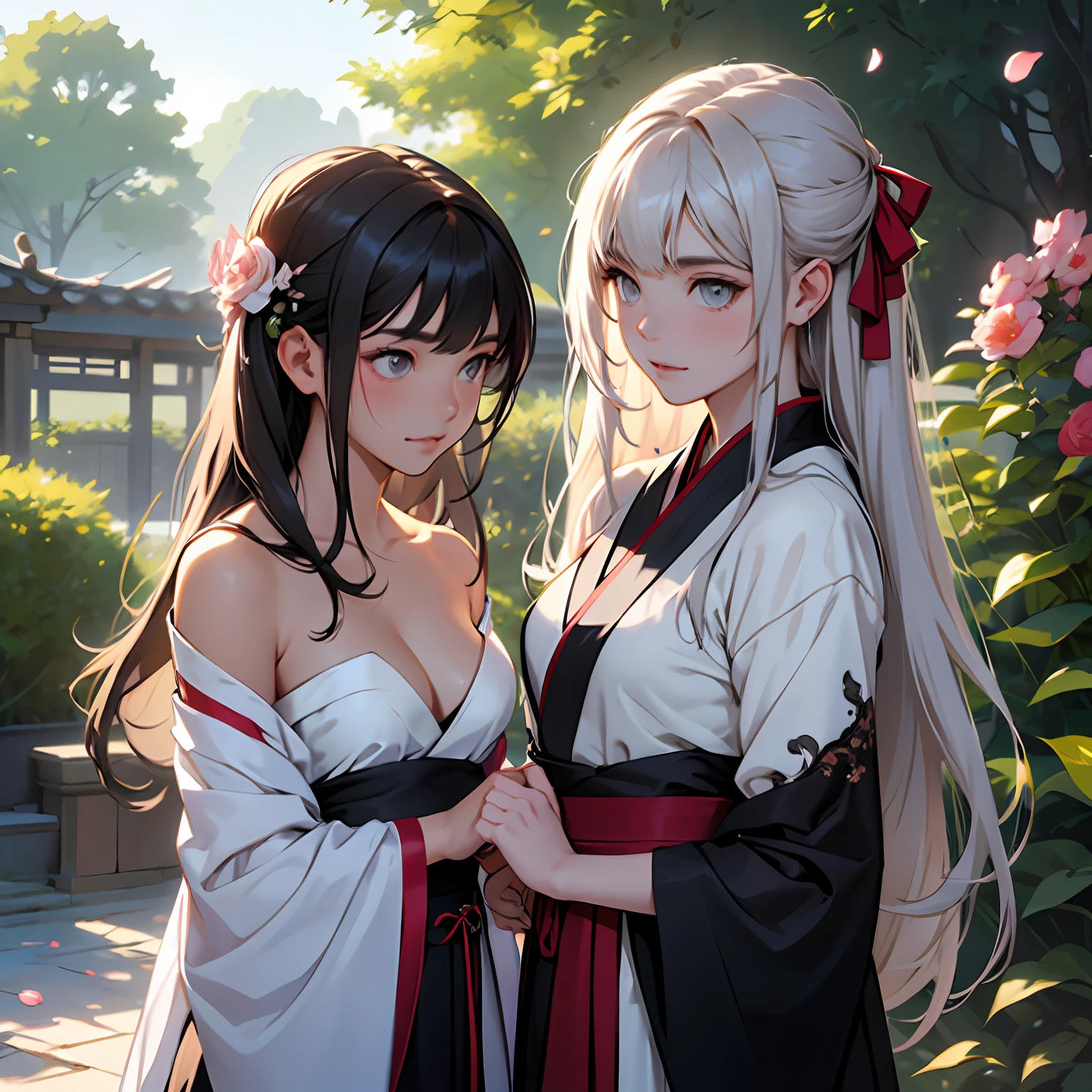 ( girls:1.5),Ren Hao,bow ribbon,Hanfu,(masterwork, side lights, delicate and beautiful gray eyes: 1.2), masterwork, realisitic, Luminous eyes,shiny hair, dark-haired, long long hair, shinny skin, 独奏, embarrassed from,Strapless,Exquisitely,beautifly,garden,florals,Flying petals,爆乳