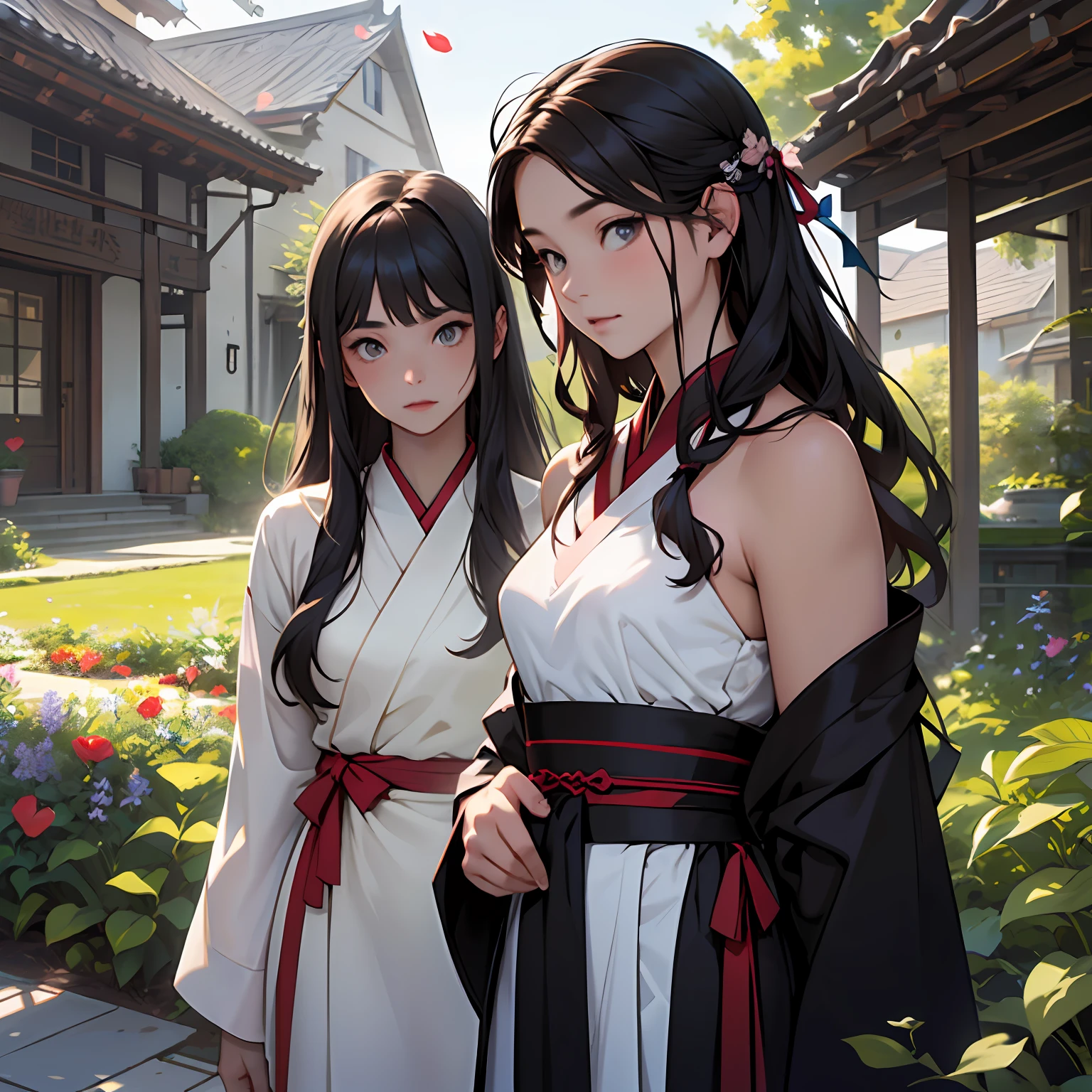 (Teen girls:1.5),Ren Hao,bow ribbon,Hanfu,(masterwork, side lights, delicate and beautiful gray eyes: 1.2), masterwork, realisitic, Luminous eyes,shiny hair, dark-haired, long long hair, shinny skin, 独奏, embarrassed from,Strapless,Exquisitely,beautifly,garden,florals,Flying petals,爆乳