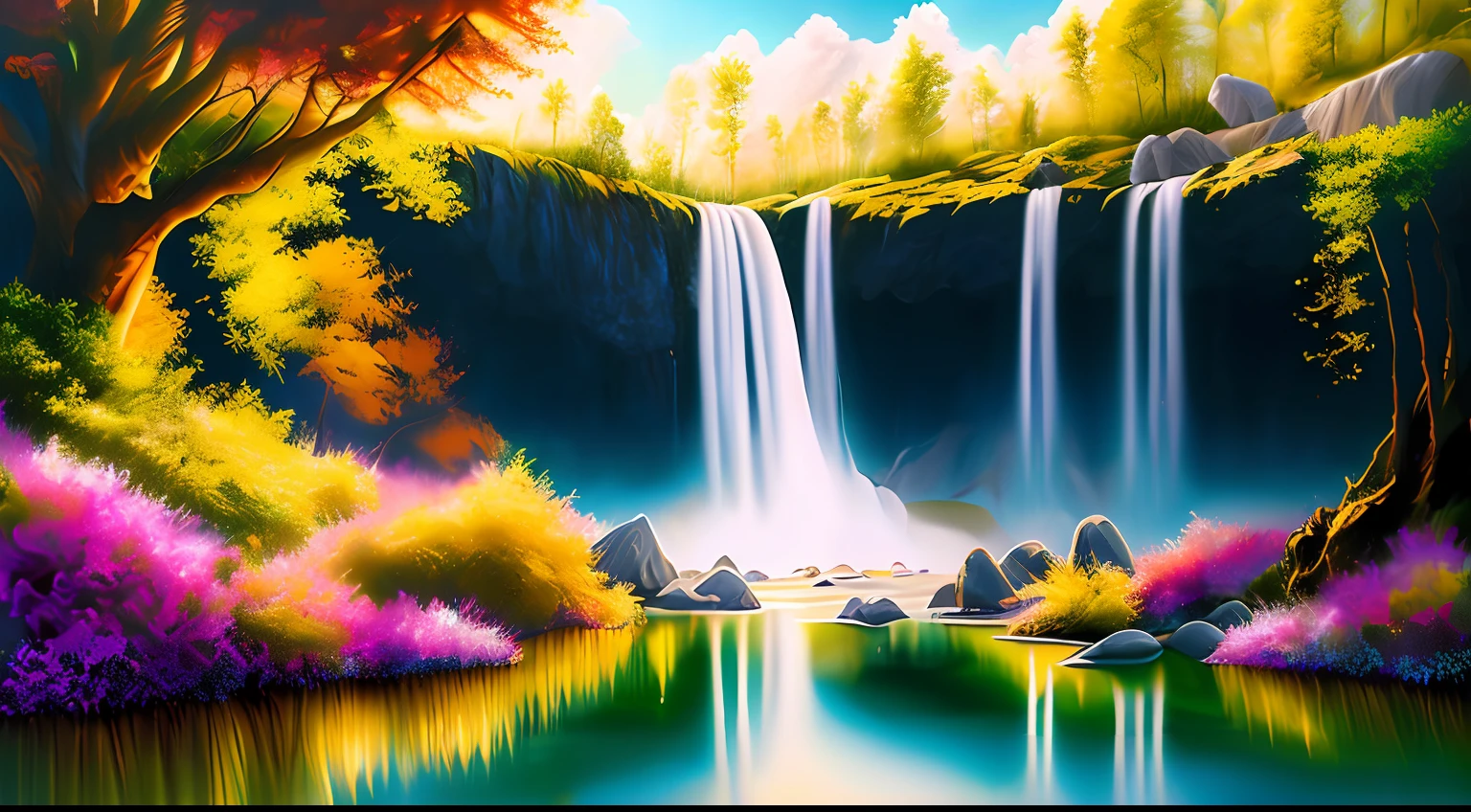 painting of a waterfall in a green forest with a sunbeam, waterfalls, amazing depth, breathtaking masterpiece of art, peaceful beautiful waterfall, multiple waterfalls, an endless waterfall, (waterfall), waterfall(beautiful, waterfall backdrop, waterfall, beautiful art uhd 4 k, streams of flowing light, soft airbrushed artwork, immense waterfall, cascading iridescent waterfalls