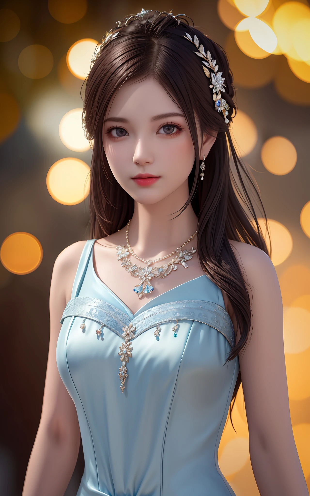 Best Quality, Masterpiece, High Resolution, 1girl, Porcelain Dress, Hair Accessories, Necklace, Jewelry, Beautiful Face, Physically, Tyndall Effect, Realistic, Dark Studio, Rim Lighting, Duotone Lighting, (High Detail Skin : 1.2), 8k uhd, dslr, soft light, high quality, volume light, candid, photo, high resolution, 4k, 8k, bokeh
