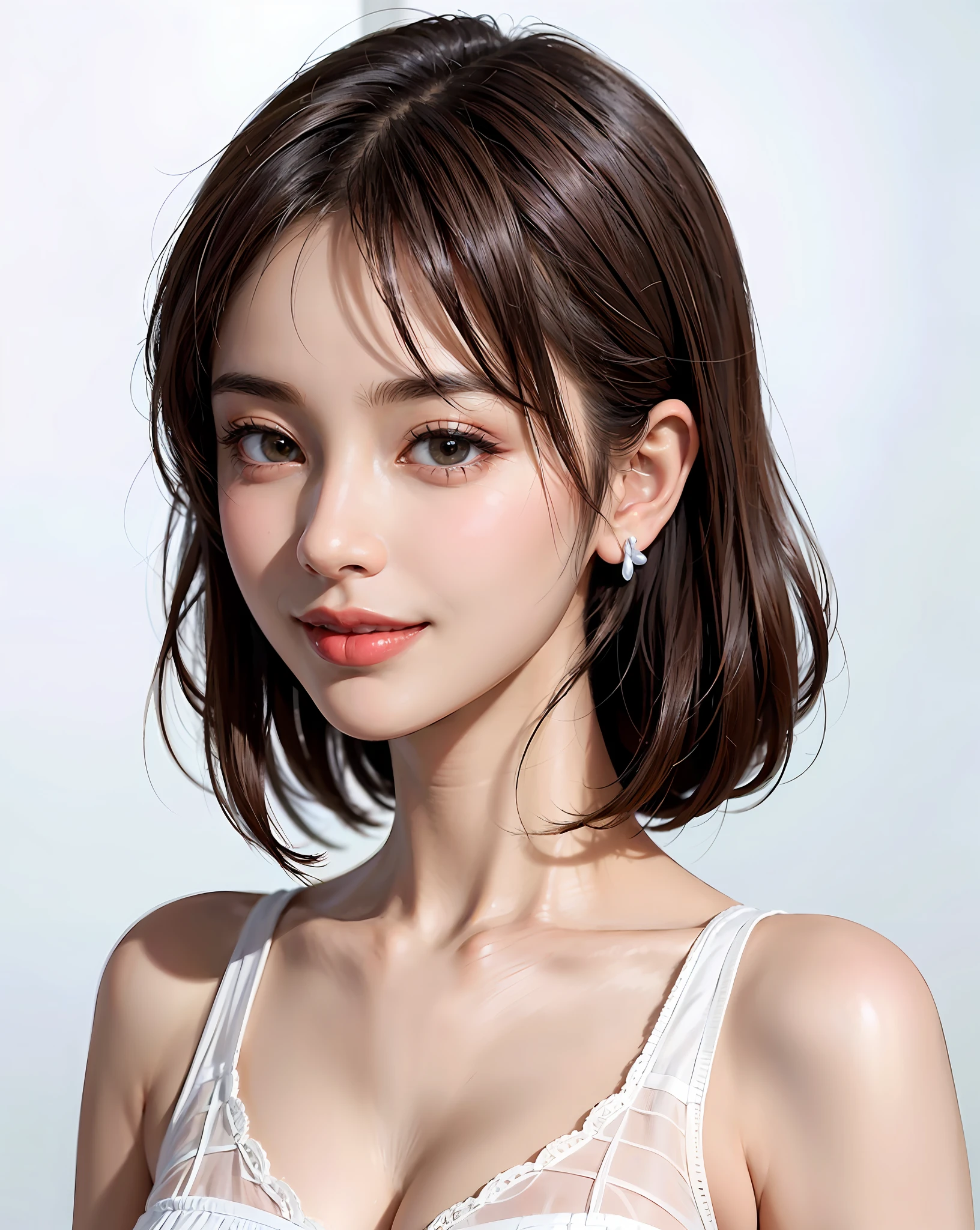 (beste-Qualit)、Face Focus、softlight、(depth of fields)、Super-High Resolution、(a photorealistic:1.4)、Raw photography、(portlate:1.4)、(from the front side) 1 Japan girls、独奏、cute little、(full of shyness、A smile: 1.1)、(Brown-eyed、big eye、Clean and detailed eyes)、detailed beautiful faces、(Shorthair)、Immaculate white background with nothing really、(White underwear)、(very clean big breasts)、(Put your ears out、long neck、White-colored skin、glowy skin、smiling slightly、Close your mouth and smile)、((Immaculate white background with nothing really))