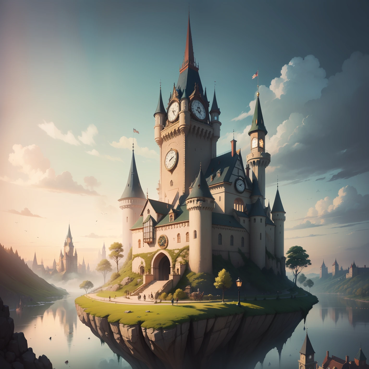 there is a castle with a clock tower on top of it, Cidade da fantasia de Medieval, Cidade da Fantasia, a bustling magical town, whimsical fantasy landscape art, fantasy town setting, detailed fantasy illustration, a beautiful artwork illustration, Fantasia pintura fosca, fofo, magical village, beautiful render of a fairytale, Paisagem urbana de fantasia, fairy-tale illustration style