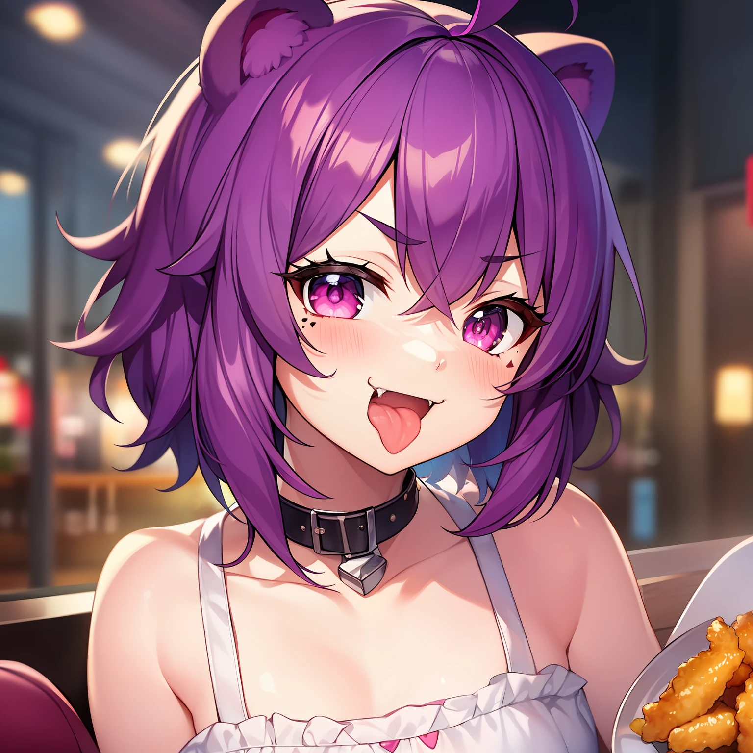 1girl, solo, animal ears, pose, happy, smiling, fangs, purple bear ears, purple hair, ahoge, bangs, short hair, original character, pink eyes, magenta eyes, red eyes, multicolor eyes, short hair, wavy hair, swept bangs, small , flat chest, bear ears, tired, sleepy, bags under eyes, beauty mark, young, loli, s eyebrows, bar, nighttime, bar background, smug, drunk, laughing, flushed, blushing, smirk, full face blush, doyagao, :3, >:3, red face, >///<, drunk, food awe, food, looking at food, star pupils, awe, food, tempura, food plate, eating, tongue out, mouth drool, drooling