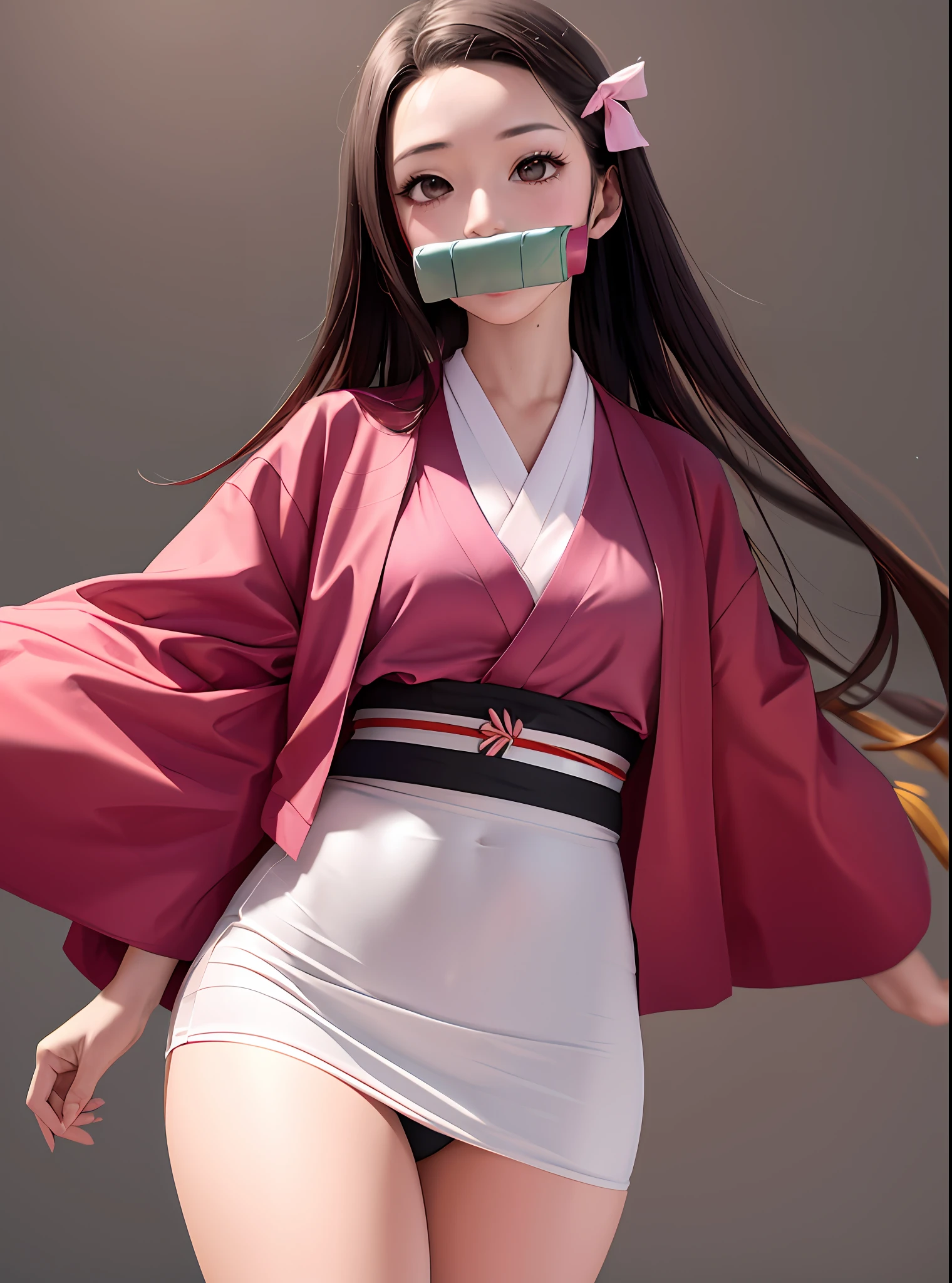 (obra-prima: 1.2, melhor qualidade), (imagem real, detalhes intrincados), ultra-detalhado, highres, 1girl, kamado nezuko, bit gag, Gagged, cabelo muito comprido, fita, roupas japonesas, corpo inteiro, pureerosface_v1, sexy, transparent  clothes, perfect body