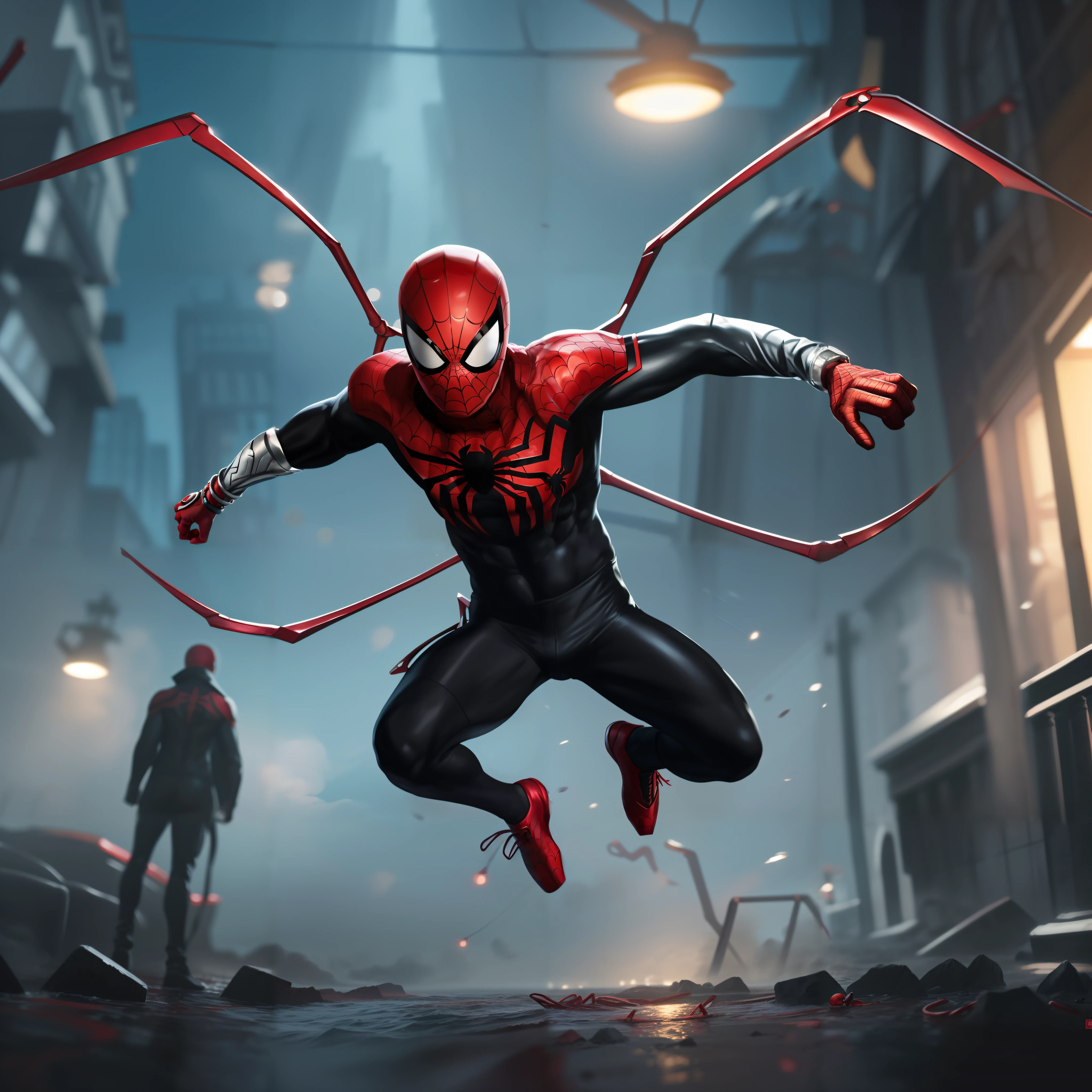 (((full body of male supspr))), (((four red metal legs))), (((silver bracelets))), (((sharp fingers))), a spider - man in a red and black suit, (((chasing))), 8k, unreal engine, octane render, by seunghee lee, Jang Tae-Hwan, Chocofing R, seungho lee, trending on pixiv, fanbox, skeb, masterpiece, smooth soft skin, big dreamy eyes, beautiful intricate colored hair, symmetrical, anime wide eyes, soft lighting, concept art, digital painting,