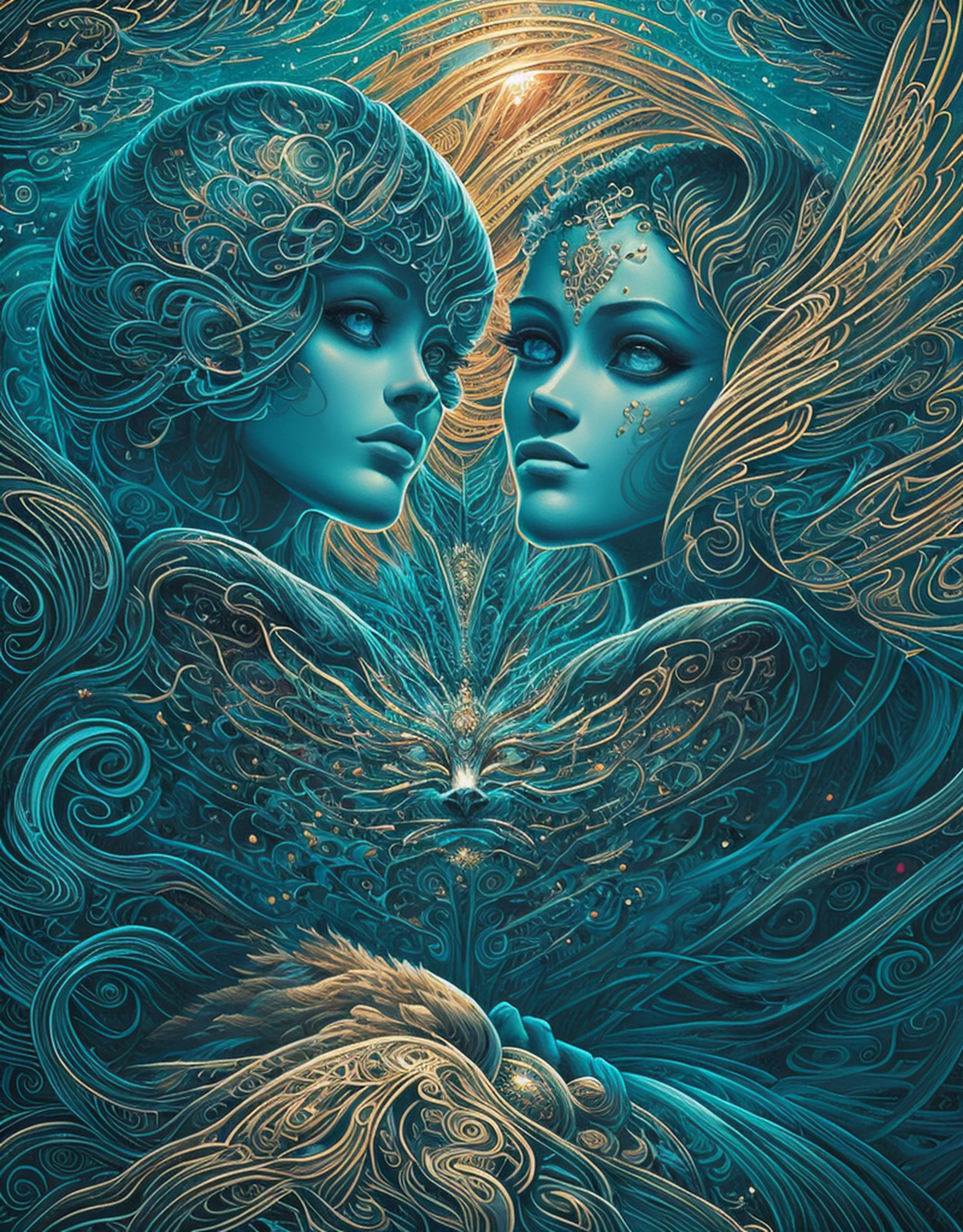 masterpiece), best surreal masterpiece, top quality, best quality, official art, beautiful and aesthetic:1.3) , blue skin godess and god looking at eachother ,full body exposed ,holding eachother ,extreme detailed,gaia,landscape and forest,colorfull,highest detailed, official art, gold leaf ,glitter art ,unity 8k wallpaper, ultra detailed, beautiful and aesthetic, beautiful,fractal art, mystical and otherworldly, with intricate fur and piercing eyes, in the breathtaking mountain landscape of NCWinters ,alex grey ,psychedelic, dmt