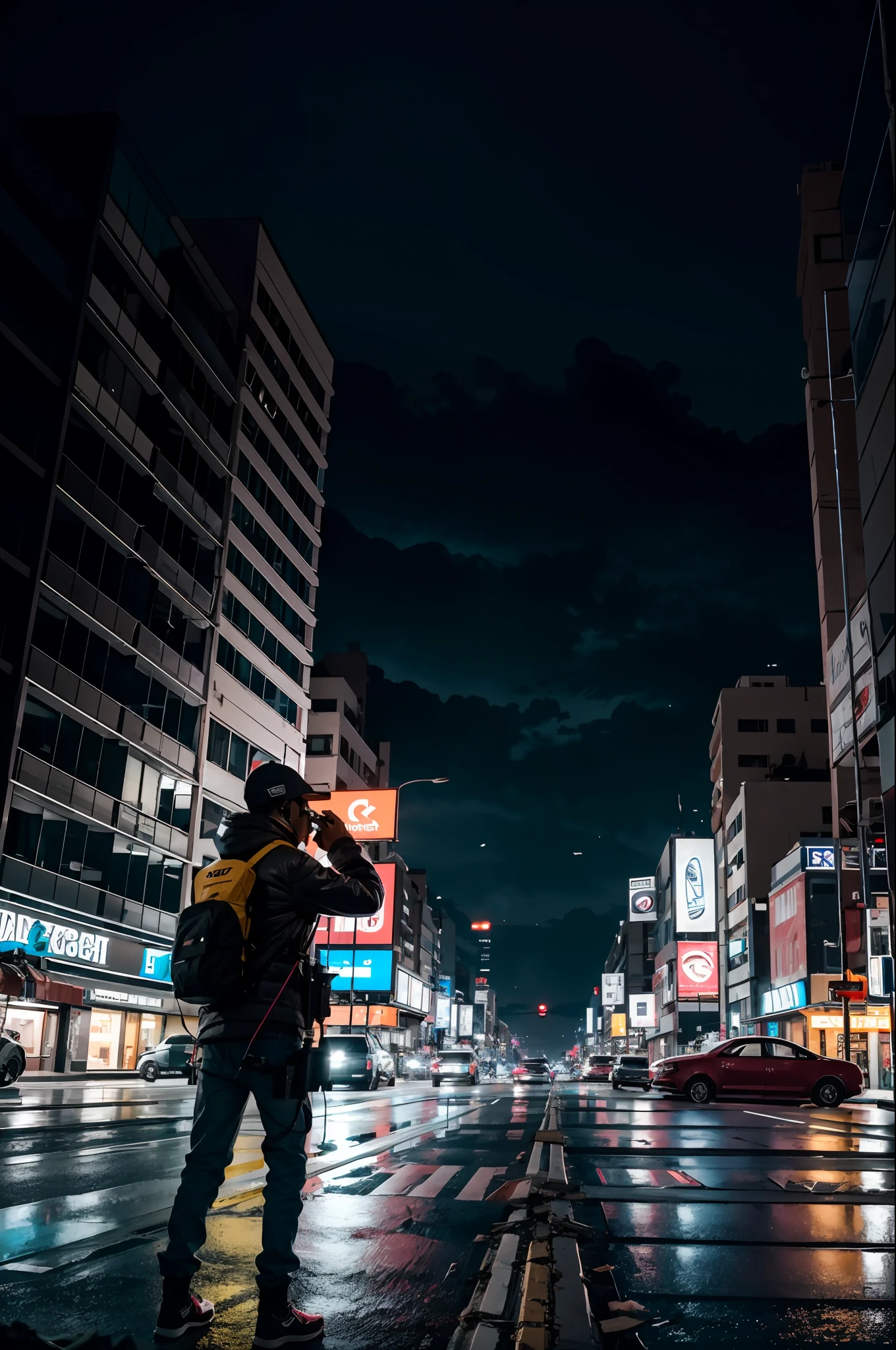 Black-skinned photographer shooting on the road in the center of the post-apocalypse city image, fumes, Epic details, Chuva, atmosfera cinza escura, fotografia crua, tiro nas costas, tiro de baixo, Cyberpunk