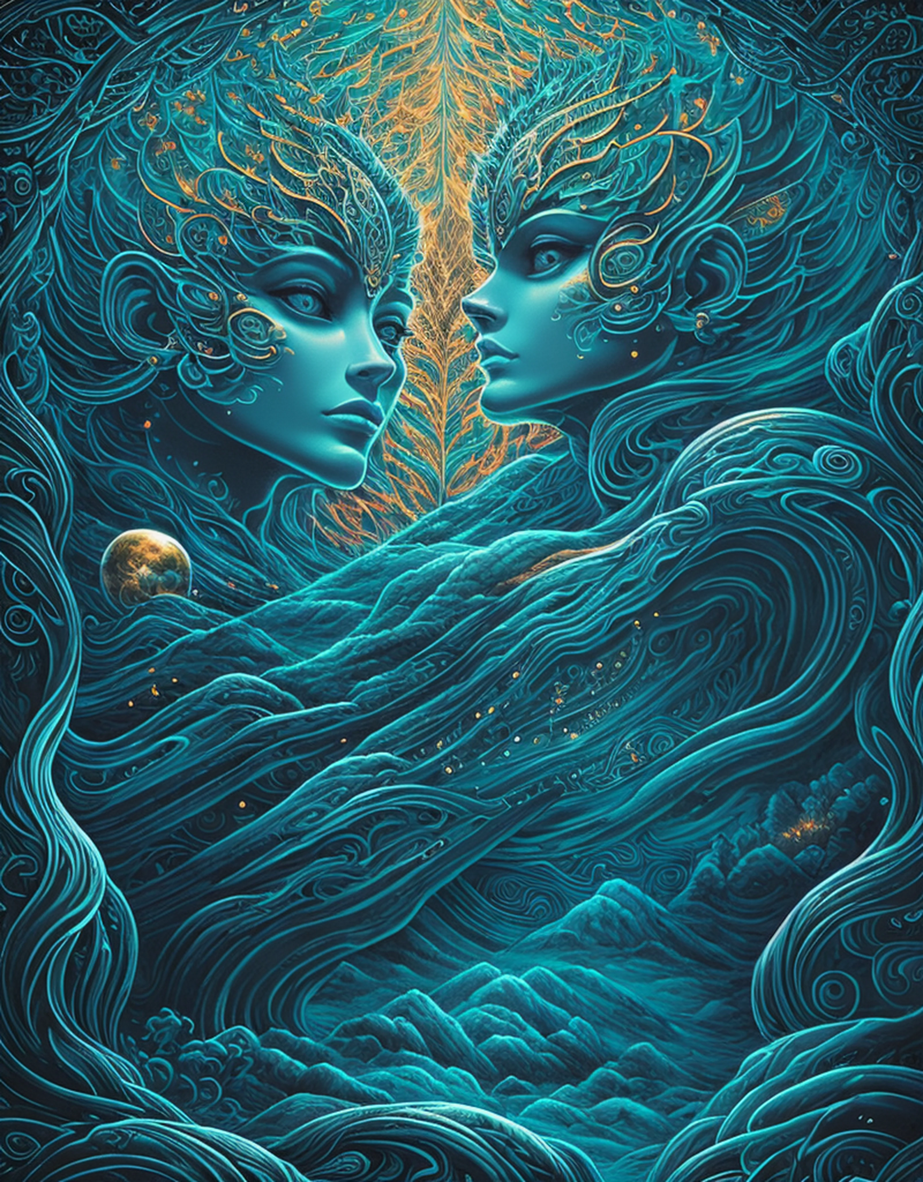 masterpiece), best surreal masterpiece, top quality, best quality, official art, beautiful and aesthetic:1.3) , blue skin godess and god looking at eachother ,full body exposed ,holding eachother ,extreme detailed,gaia,landscape and forest,colorfull,highest detailed, official art, gold leaf ,glitter art ,unity 8k wallpaper, ultra detailed, beautiful and aesthetic, beautiful,fractal art, mystical and otherworldly, with intricate fur and piercing eyes, in the breathtaking mountain landscape of NCWinters ,alex grey ,psychedelic, dmt