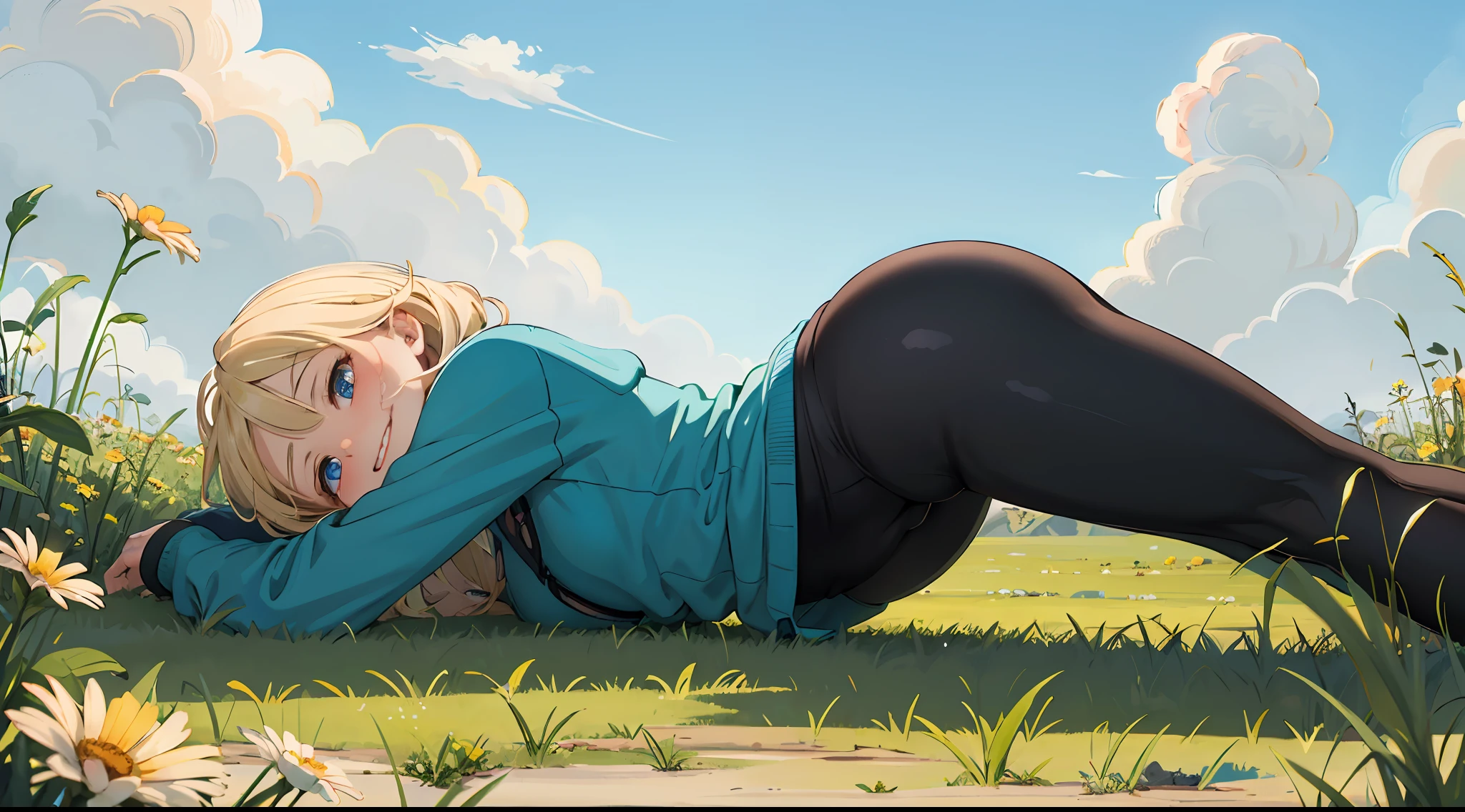 best quality, masterpiece, small breasts, smile, sweatshirt, leggings, outdoors, anime style, grass field, daytime, blue sky, blue eyes, detailed eyes, medium hair, blonde hair, loose hair, bangs, lying down, ass,