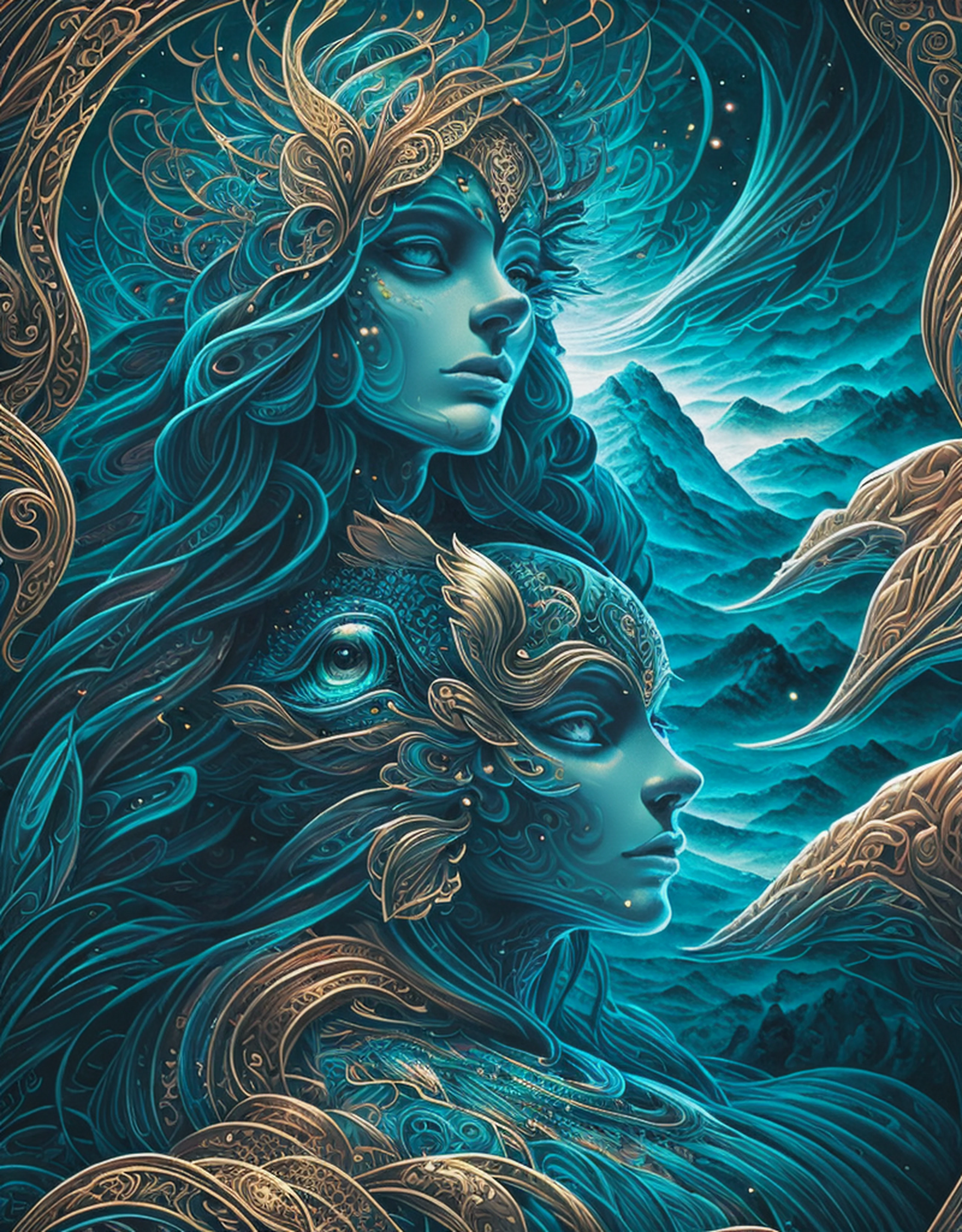 masterpiece), best surreal masterpiece, top quality, best quality, official art, beautiful and aesthetic:1.3) , blue skin godess and god looking at eachother ,full body exposed ,holding eachother ,extreme detailed,gaia,landscape and forest,colorfull,highest detailed, official art, gold leaf ,glitter art ,unity 8k wallpaper, ultra detailed, beautiful and aesthetic, beautiful,fractal art, mystical and otherworldly, with intricate fur and piercing eyes, in the breathtaking mountain landscape of NCWinters ,alex grey ,psychedelic, dmt