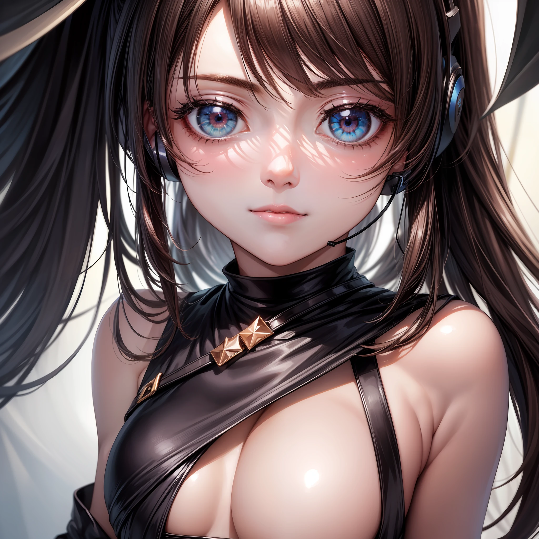 offcial art, Unity 8k壁纸, ultra detali, Beautiful and beautiful, masterpiece, best quailty, realisticlying, Close-up of, dent in the skin, Souryuu Tomorrow Shanglangley, Interface headset, Under tights, Detailed eyes, Detailed face, detailed hair, Blackbackground, Straight Forward, looking looking at viewer, Shiny,,Underwear temptation,Rounded chest