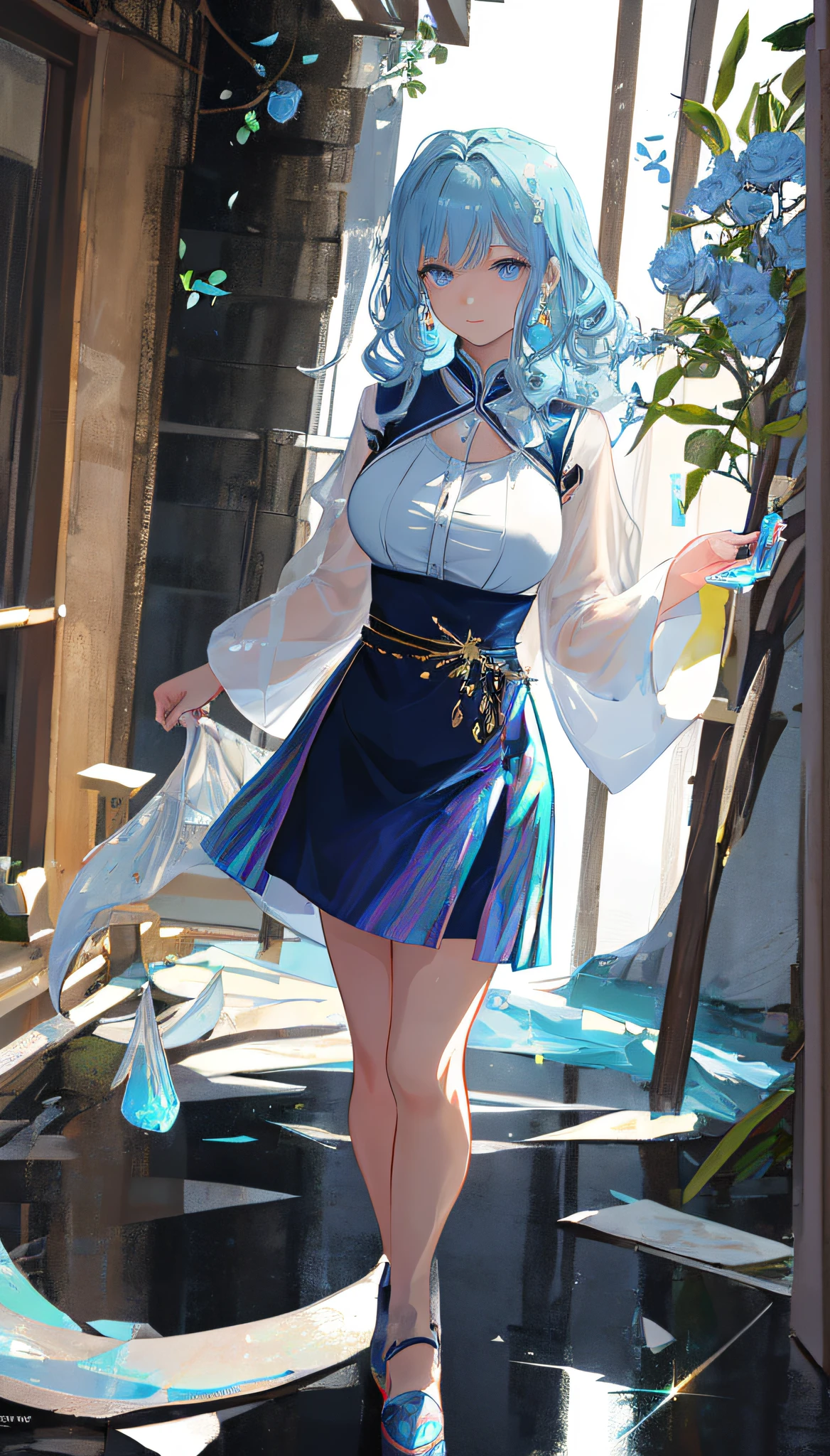 (masterpiece), (best quality), (ultra detailed),(disheed hair),(illustration), (1girl), (Fashionable clothing), standing, Fashion model, looking at viewer, (interview), (simple background),beautiful-detailed eyes,Delicate and Pretty Face,afloat,(high saturated),(Colorful splashes),Colorful bubbles,(shine),focused on the face,Ayaka Kamisato,Light blue hair,By bangs,Hair rings,Floating flowers,Floating hair。Girl Huge breasts, anime waifu, looking at viewer, highly detailed, reflections transparent iridescent colors, long transparent iridescent RGB hair, artby Serafleur from artstation, thick acrylic,Illustration on pixiv,Portrait of waist up,gorgeous sacred girl,the best quality,ultra detali,grieves,clever,Nice face,Nice lighting on black background,The character style rendered by Octane,Look confident,Deep eyes,standingn,In front of the villa,saloon,number,casa,sun beam