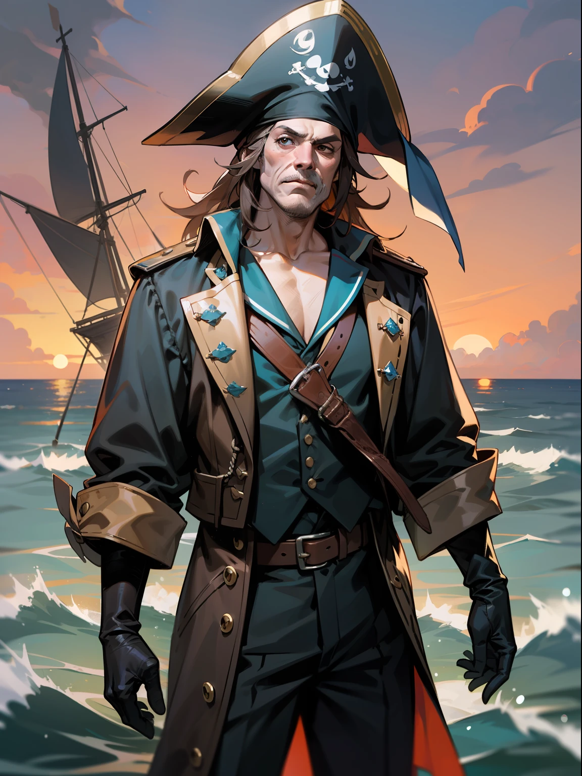 a man he is a pirate sailor in the medieval era a villain of the seas treacherous wearing simple and poor and dirty costumes of brown and dirty color and behind the man a pirate ship on the horizon on the high seas with a sunset on the horizon this man wears black clothes is a sailor pirate a criminal he is an RPG character