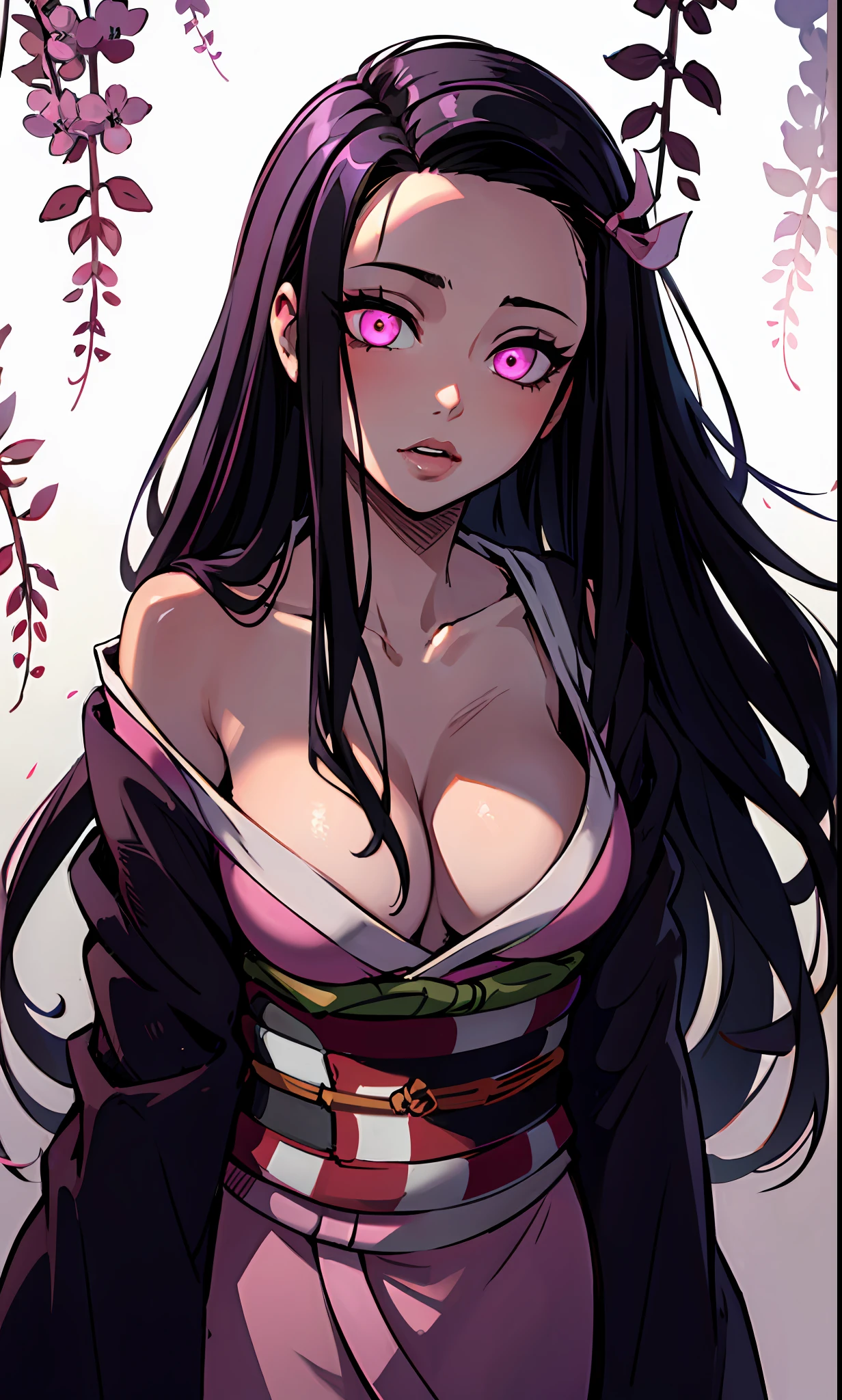 masterpiece, (pink kimono), seductive face, good lighting, cleavage, fine detail, masterpiece, glowing eyes, 1girl, black hair, sucking, nezuko kamado, wisteria background, masterpiece, best quality, pov,,