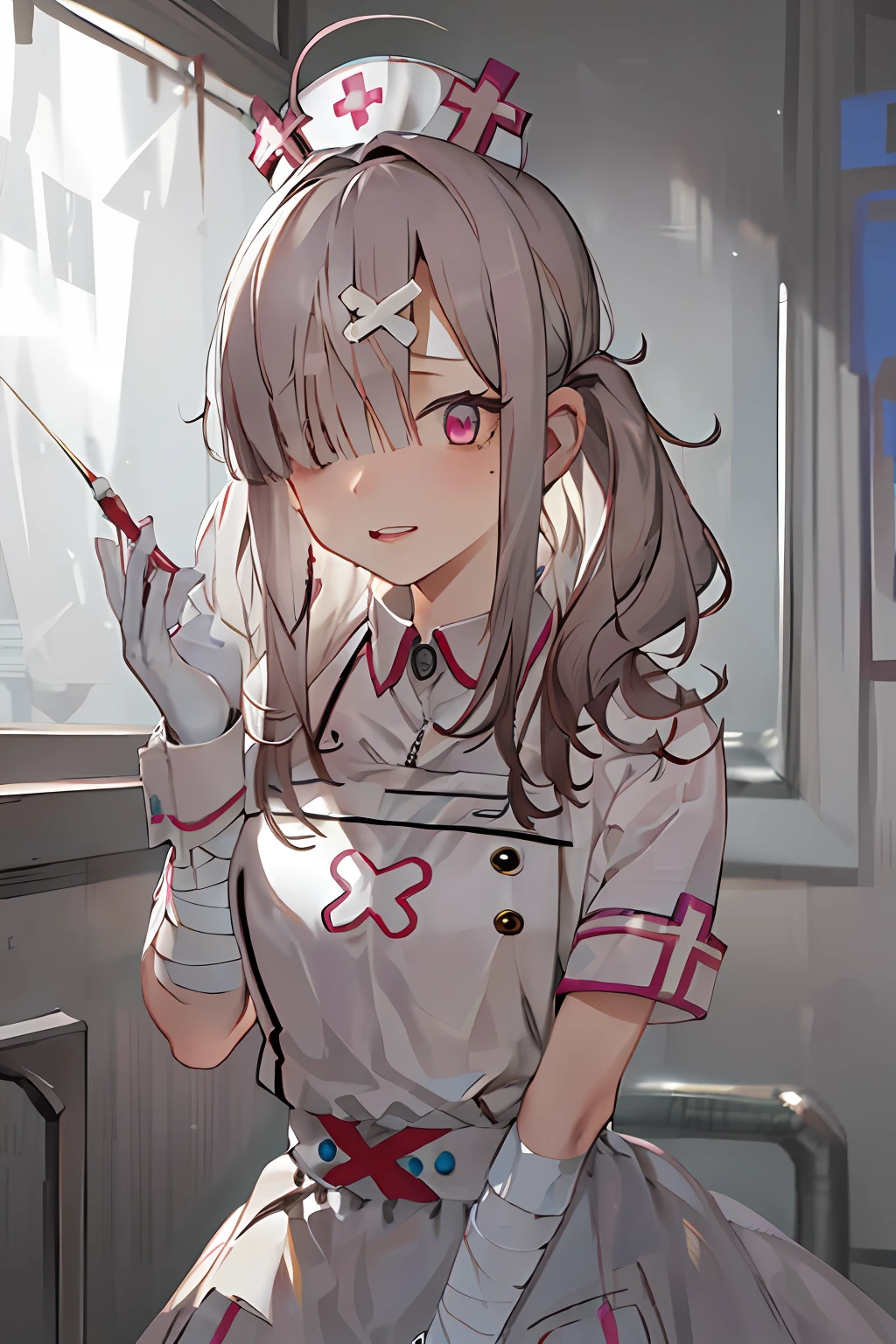 origen, nursecap, bandaged_arm, 1girl, solo, upper body, masterpiece, best quality