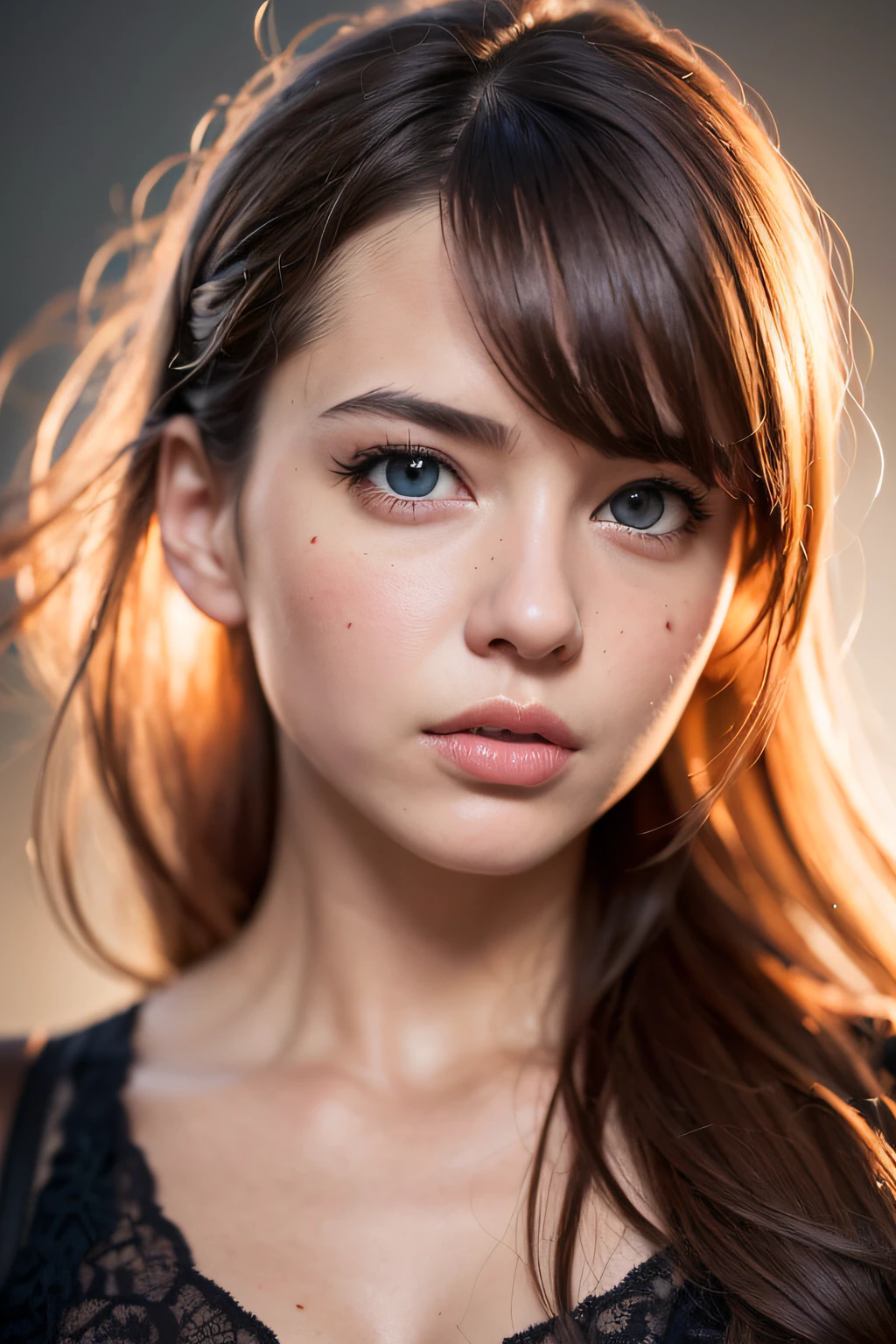 (realistic, photo-realistic:1.37),(8k, RAW photo, best quality, masterpiece:1.2), cute, ultra-detailed,heart-shaped pupils,physically-based rendering, ultra high res, kodakvision color, shot on Arricam LT Camera, bokeh, sharp focus,
looking at viewer,photorealistic,realistic, solo, photorealistic, best quality,extremely detailed face,extremely detailed eyes and face, beautiful detailed eyes,absurdres, incredibly absurdres,Messy hair, floating hair, dark background, ((dark studio, rim lighting, two tone lighting, dimly lit, low key)),