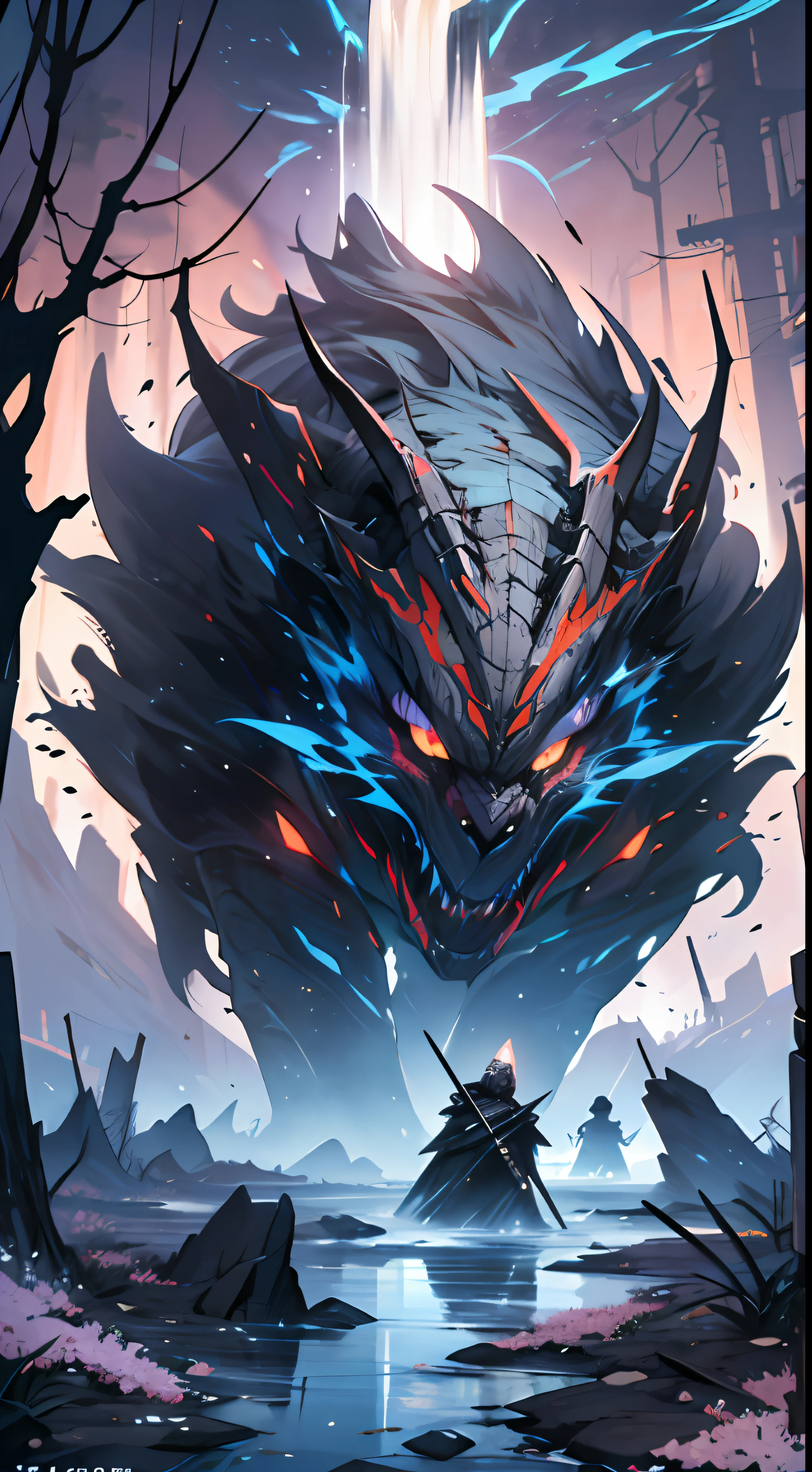 A blue spring is constantly coming out of the ground，It was surrounded by a ruined landscape，The evil spirits became more and more violent，They carry black smoke，Swarm towards the spring。, 32k, best quality, masterpiece, super detail, high details   --no text fonts letters watermark w