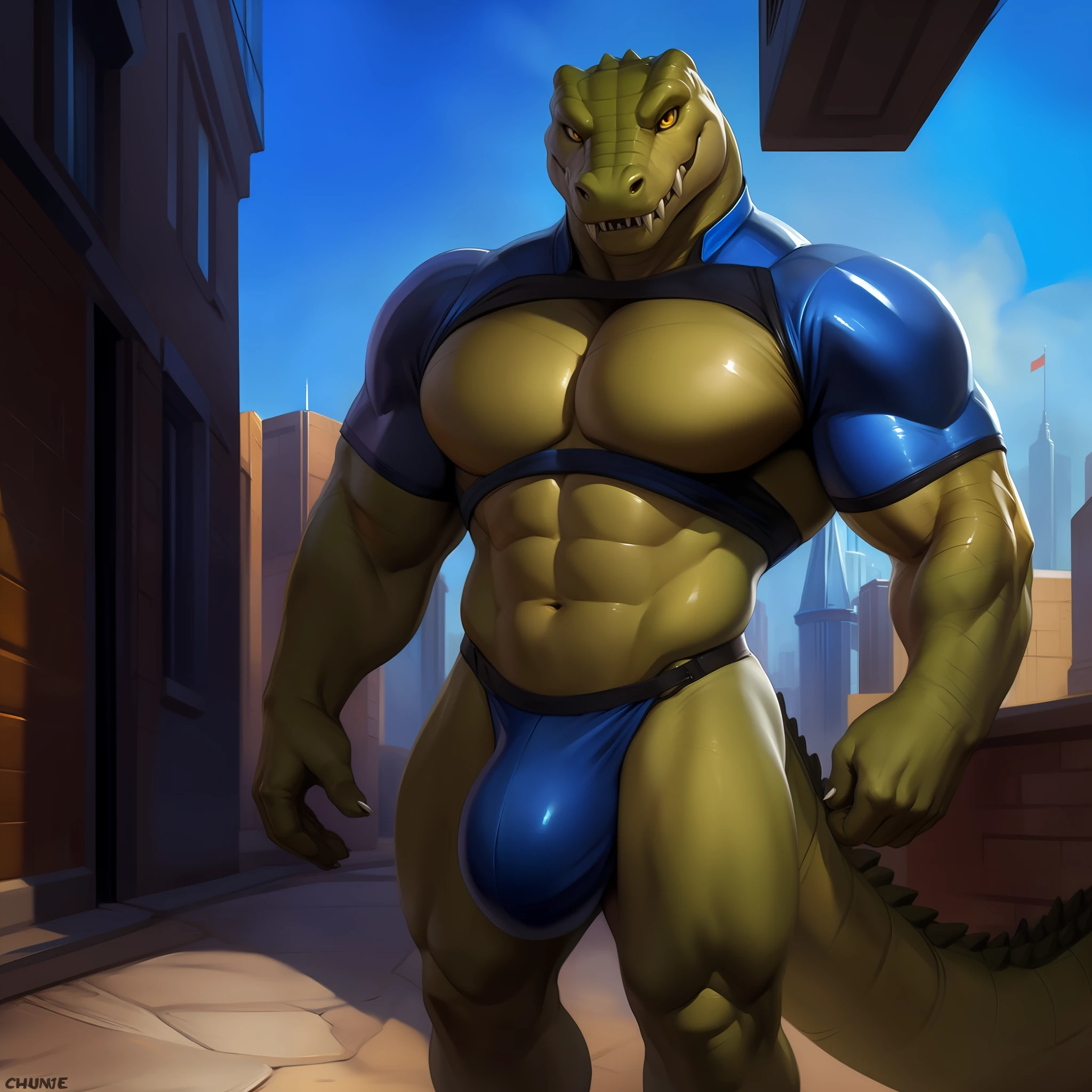 Solo, male, alligator, long snout, sharp teeth, fangs, thick face, wide face, broad shoulders, muscular, buff, strong, tall, giant, massive, enormous, gigantic, big biceps, big pecs, green body, green skin, yellow eyes, detailed crotch, massive bulge, by darkgem, by mystikfox61, by chunie, by Vader-san, looking at viewer, shadowy, dramatic, city, alleyway, blue spacesuit, uniform