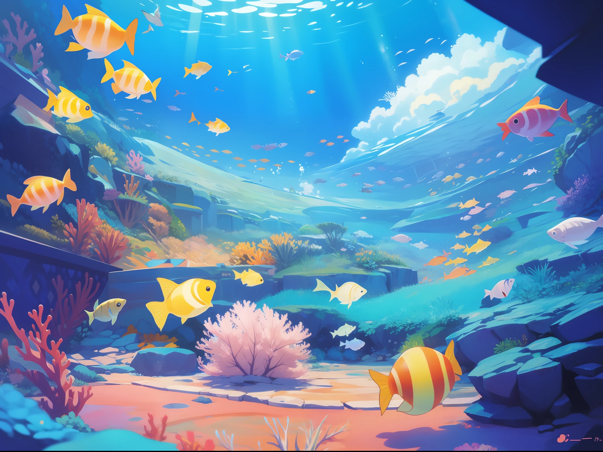 coral pattern, perfect hands, coral reef scenery, underwater, fish, bubbles, more_details:0.5, col