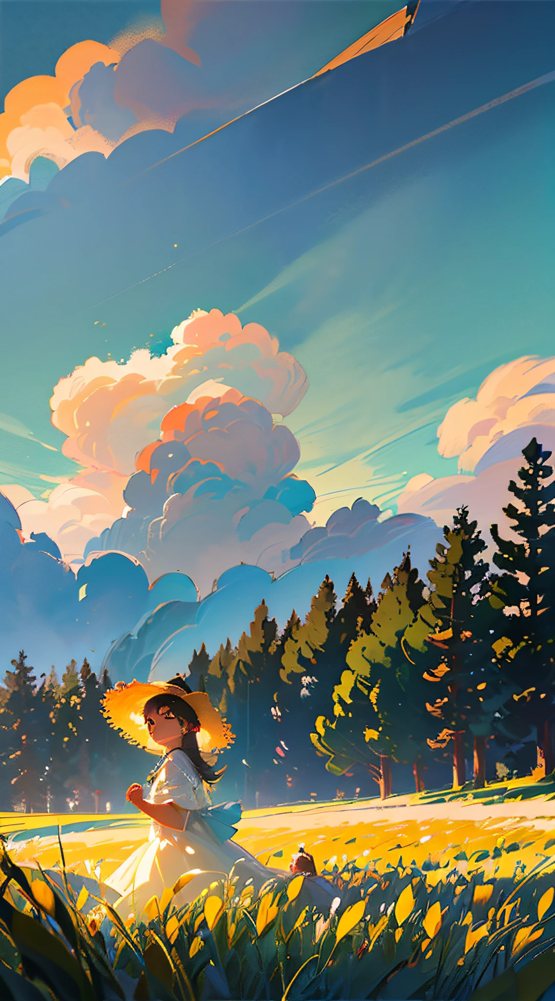 Wheat field, a little girl with a straw hat standing in a wheat field, big clouds, blue sky, rice field, neat rice seedlings in the field, forest, hillside, secluded, countryside, HD detail, hyperdetail, cinematic, surrealism, soft light, deep field focus bokeh, ray tracing and surrealism. --v6