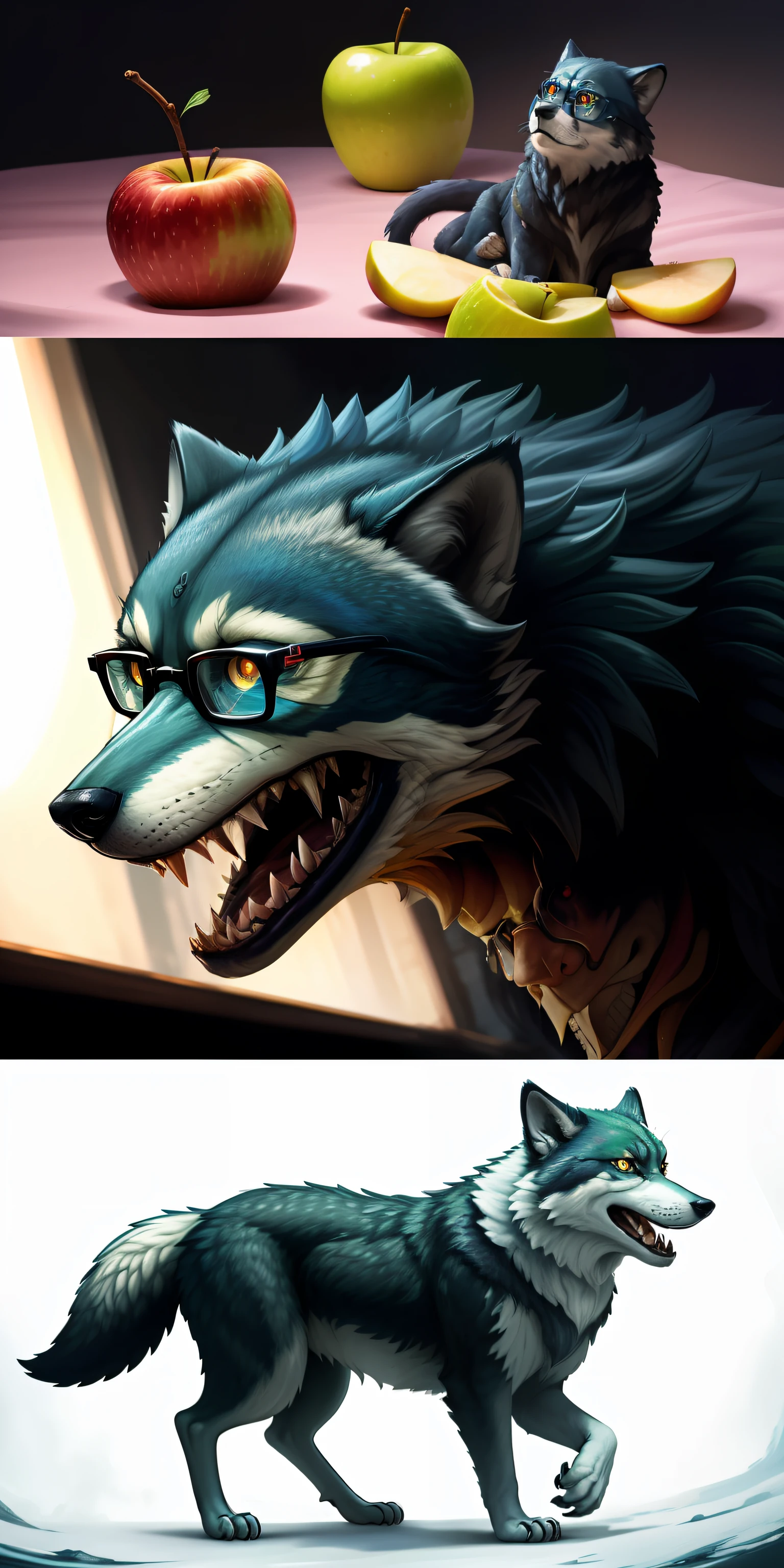 (hyper detailed illustration、beste-Qualit、a masterpiece of、Ray Tracing Z)、Macro Style、Fantastic、myterious、(Synthesis of apples and glasses and wolves)、Synthetic Monsters、chimera、The Monster、Fusion、Digital illustrations are thin、Synthetic monsters play an important role