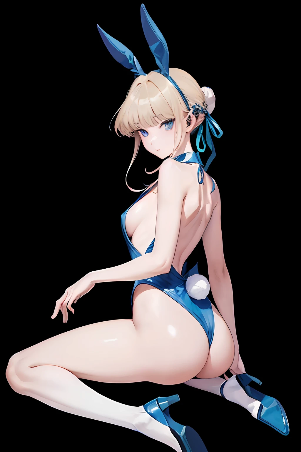 (((a masterpiece of、beste-Qualit、beste-Qualit、Official art、Beautifully Aesthetic:1.5)))、(1girl in:1.3)、(((s ass)))、((cute little))、White rabbit tail、A sexy、highly detaile、Rabbit ears、highestdetailed、(((Blue High Leg)))、(((Blue Bunny Girl)))、(shinny skin)、(((big chest out)))、thin areola、Asuka horse Toki